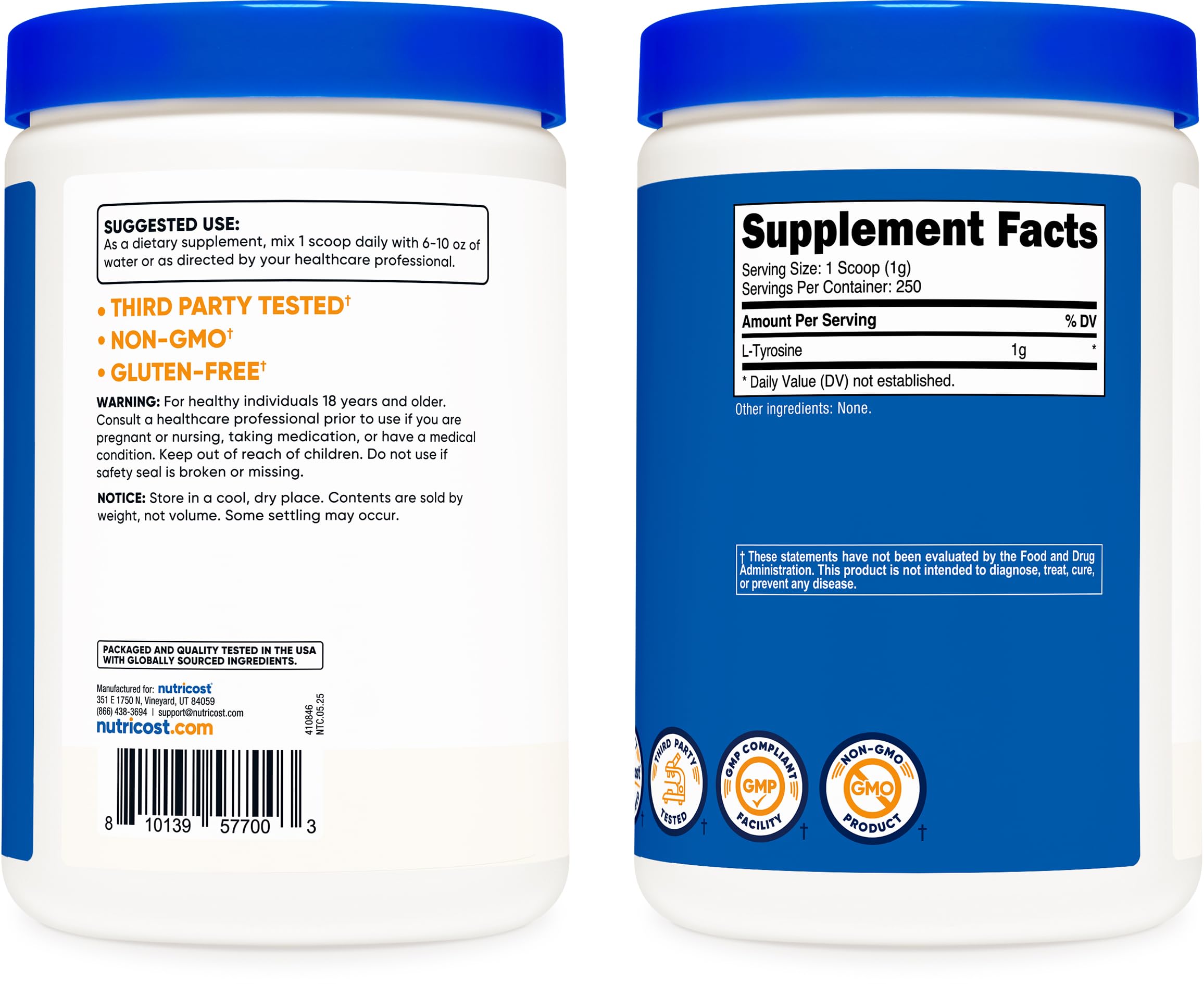 Nutricost L-tirosina uso diario, forma conveniente para tus bebidas.