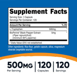 Nutricost L-Tryptophan 500mg con BioPerine para mejor absorción