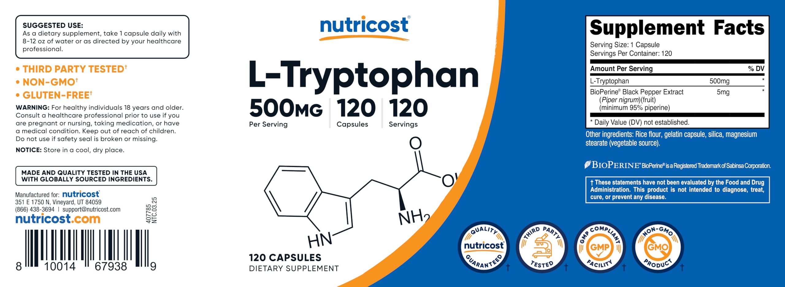 Nutricost L-Tryptophan 500mg fabricado en instalación GMP