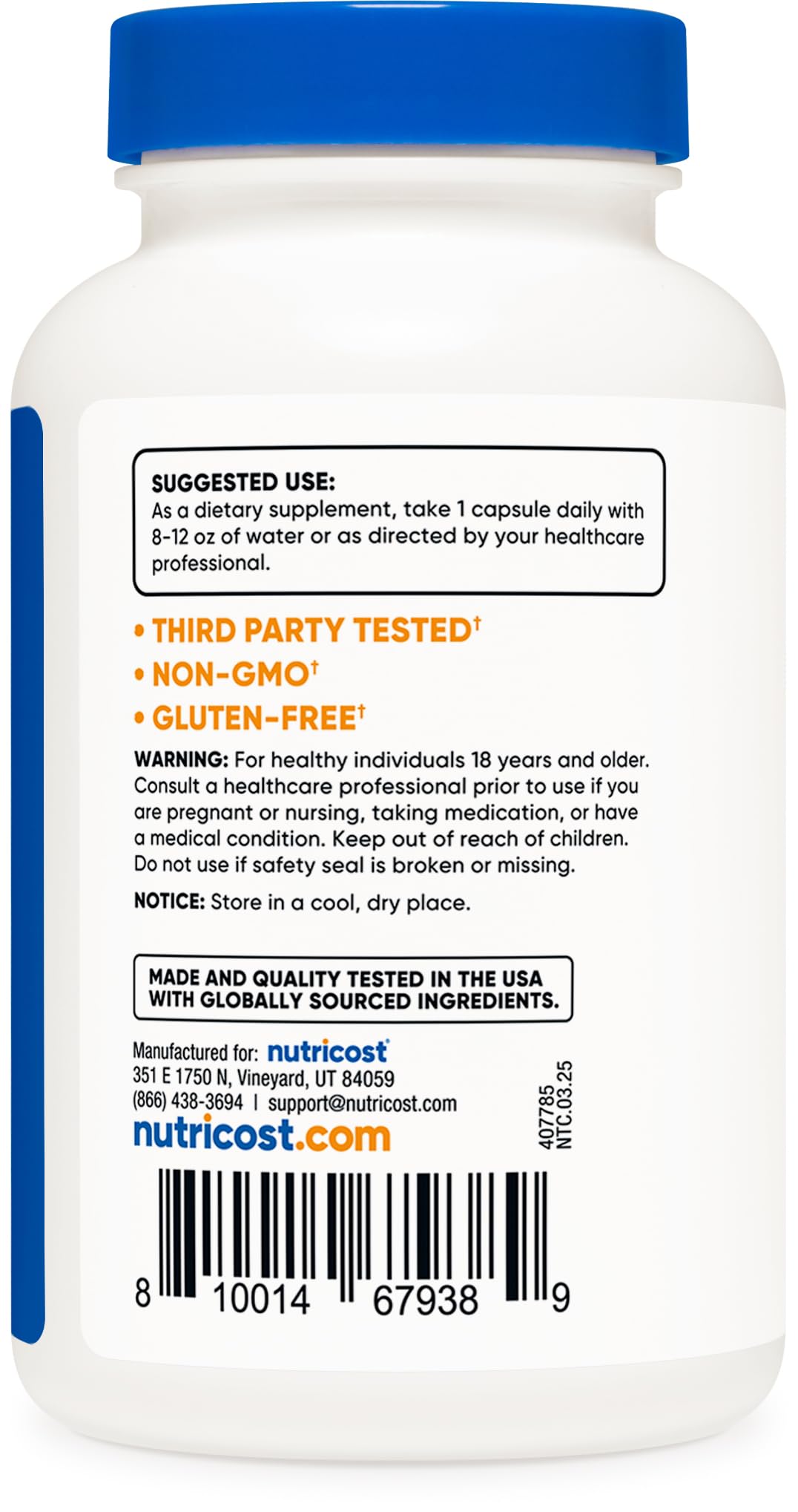 Nutricost L-Tryptophan 500mg en envase sin gluten