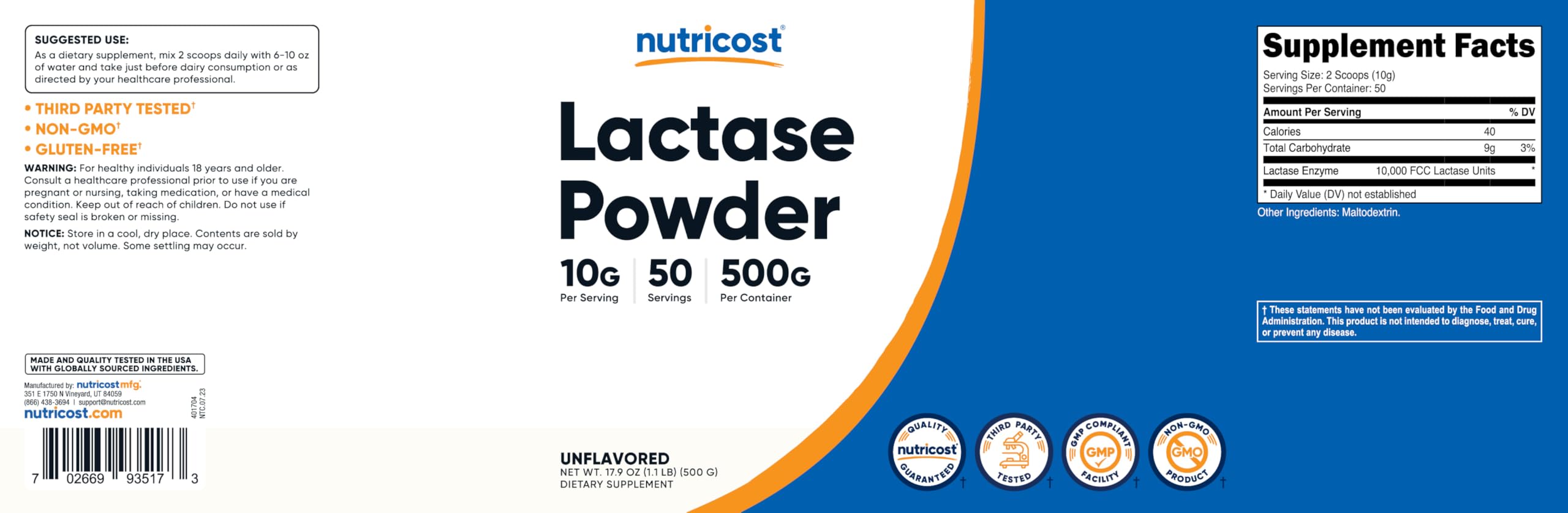 Nutricost Lactasa etiqueta detallada con guía de uso clara