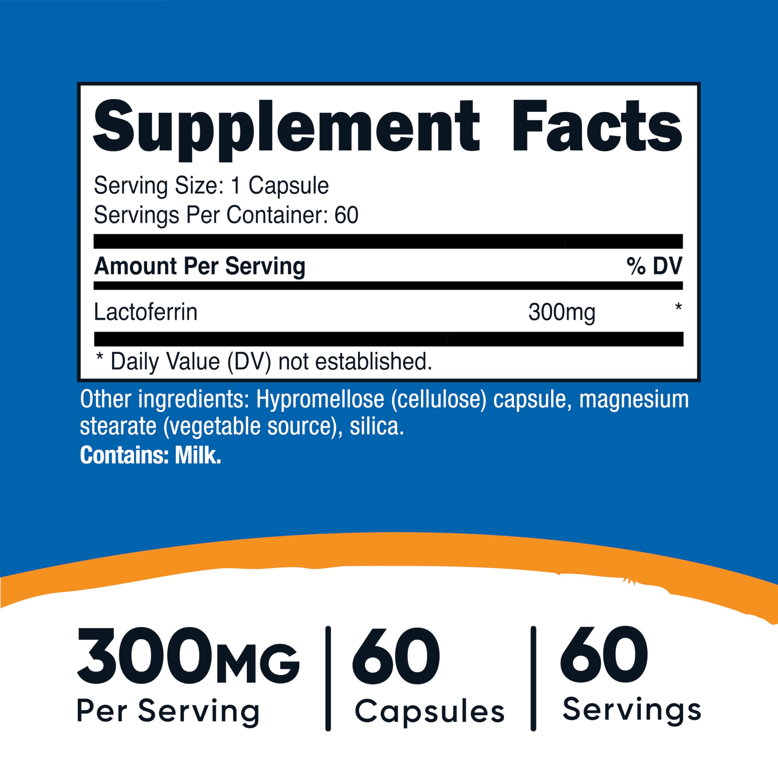 Nutricost Lactoferrina, cápsulas de 300 mg por dosis para tu rutina.