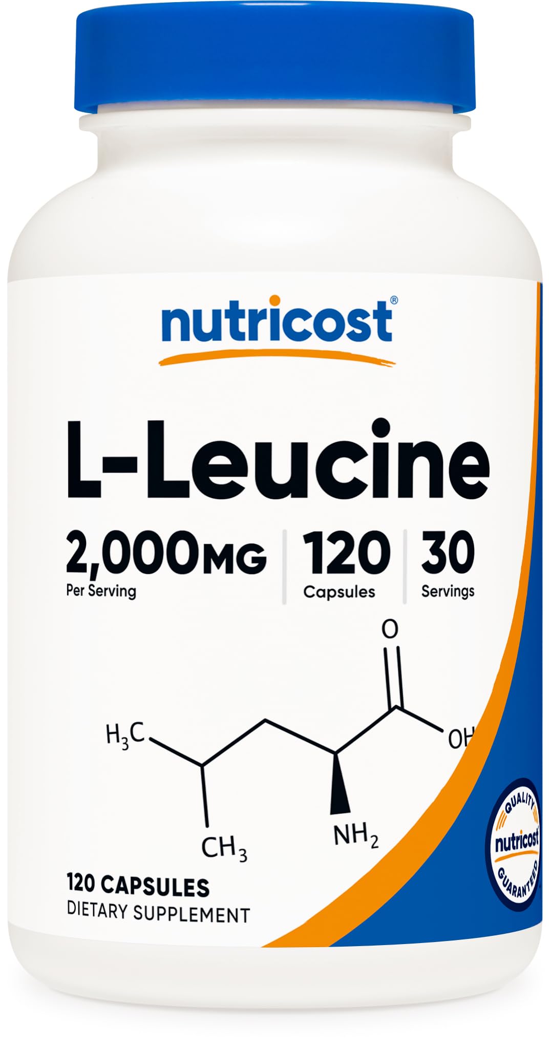 Nutricost L-Leucina: botella frontal para dosis diaria conveniente y 120 cápsulas.