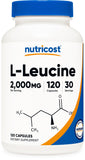 Nutricost L-Leucina: botella frontal para dosis diaria conveniente y 120 cápsulas.