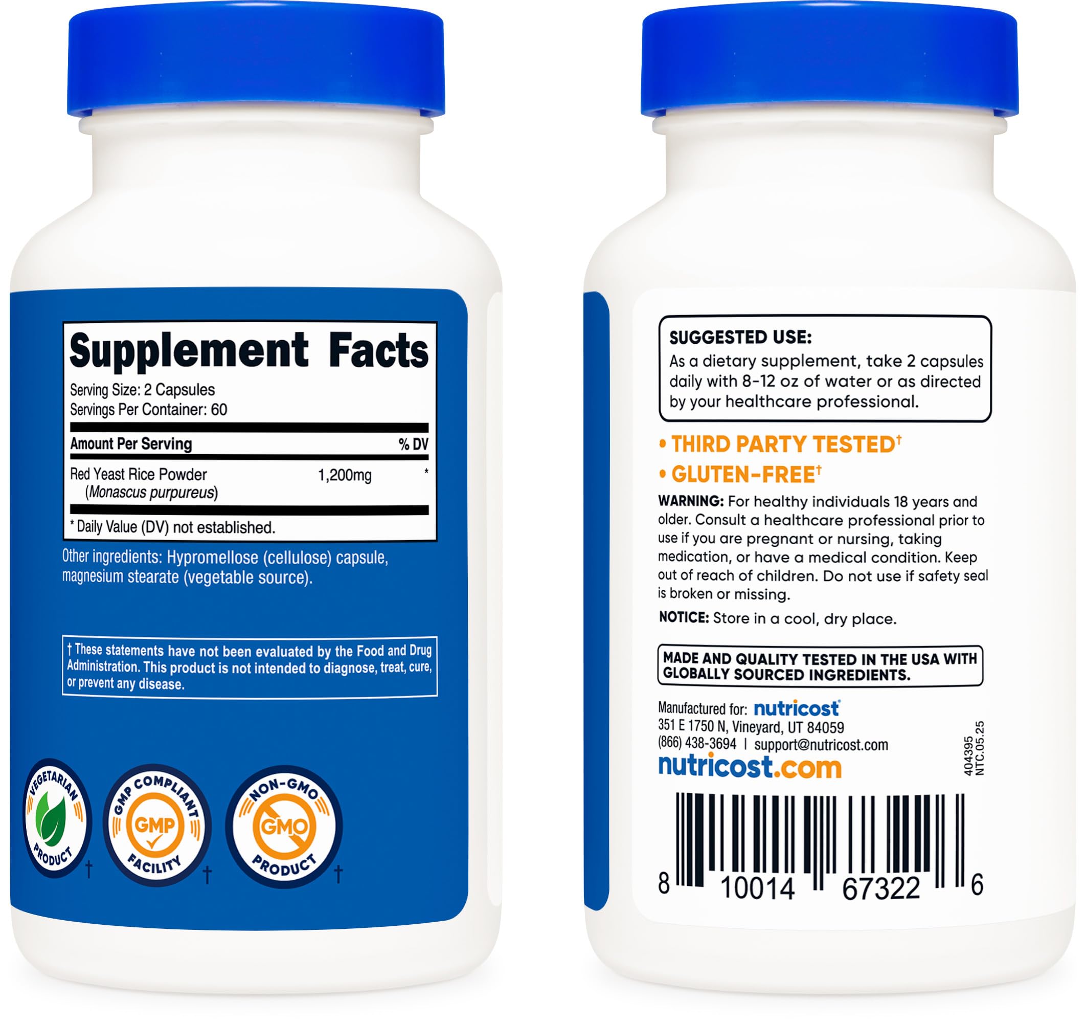 Empaque de Nutricost Levadura Roja 1200 mg, caja transparente para revisar ingredientes