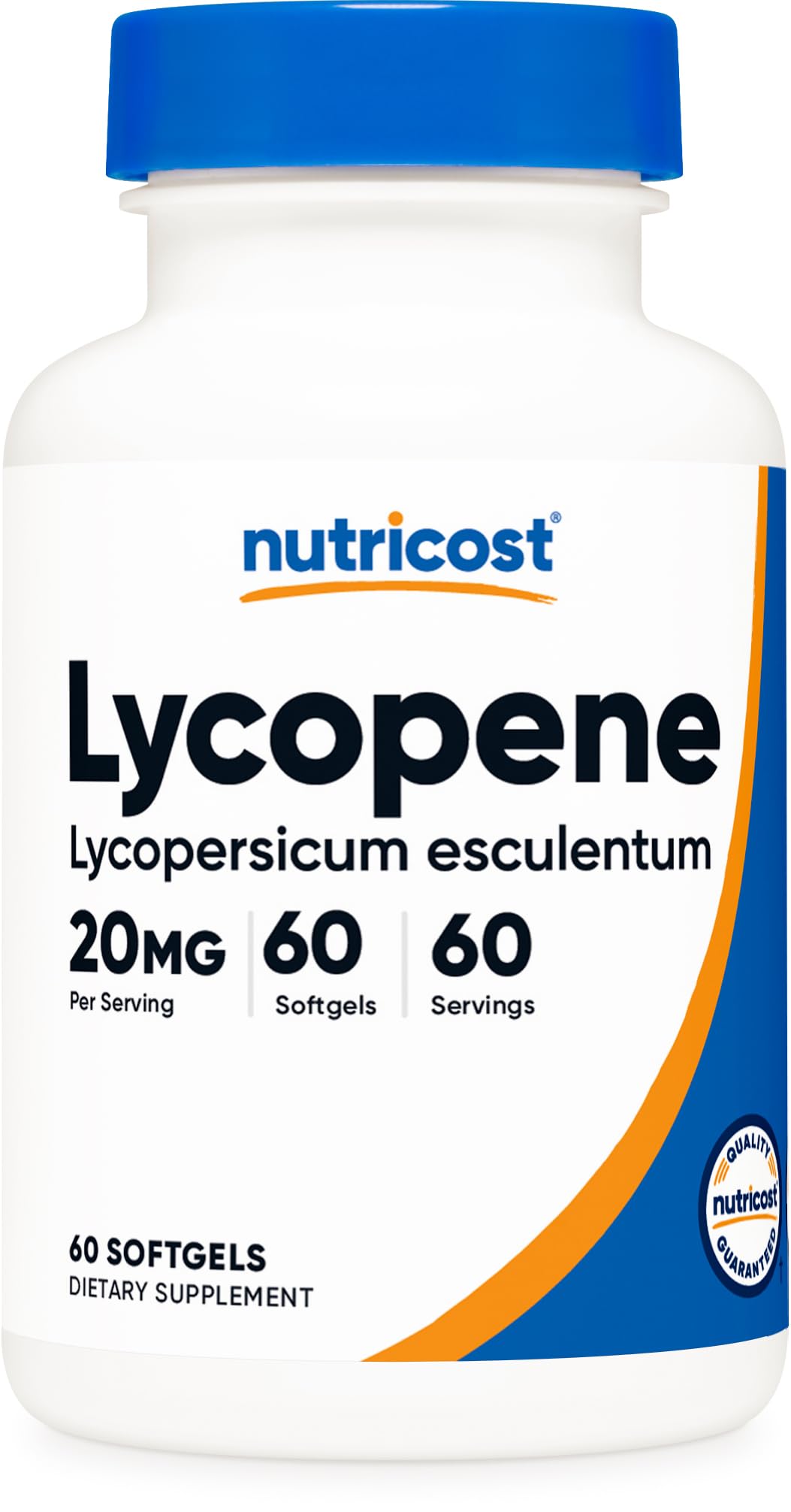 Nutricost Licopeno 20 mg, cápsulas blandas, frente de la botella para uso diario.