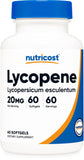 Nutricost Licopeno 20 mg, cápsulas blandas, frente de la botella para uso diario.