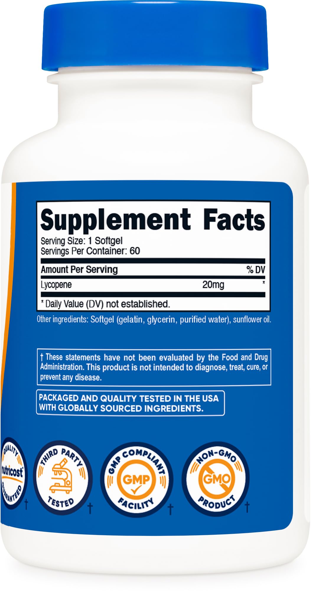Nutricost Licopeno 20 mg, empaque abierto mostrando la cantidad de cápsulas.