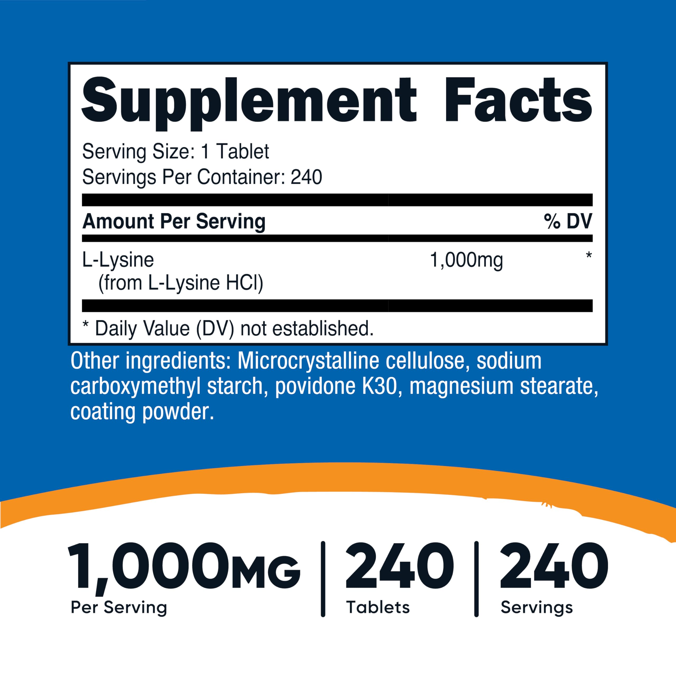 Nutricost Lisina 1000 mg, etiqueta frontal clara y confiable.