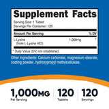 Nutricost L-Lisina 1000 mg, dosis diaria en frasco, apoyo a la ingesta de aminoácidos.