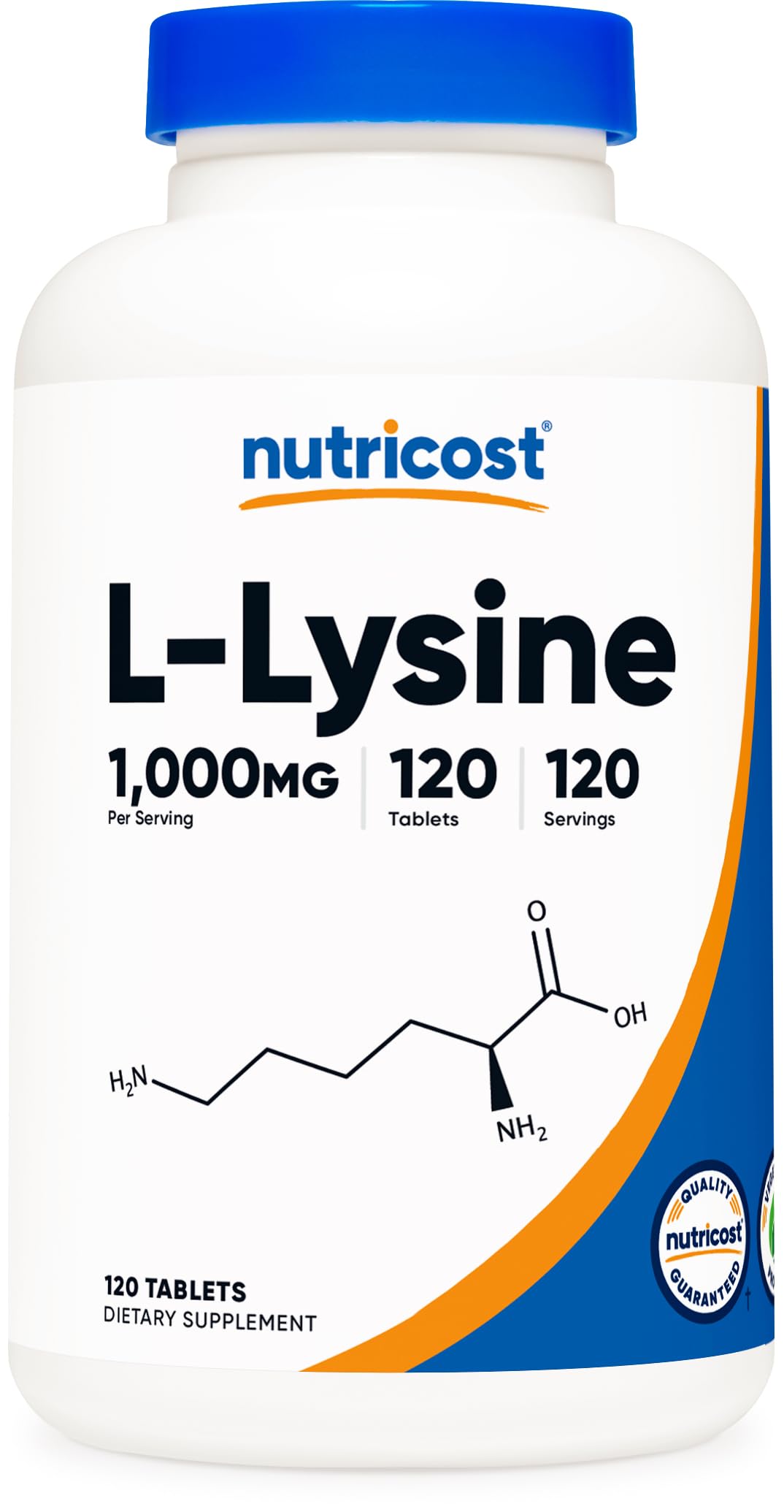 Nutricost L-Lisina 1000 mg, tabletas en presentación, soporte de aminoácidos esenciales para la dieta.
