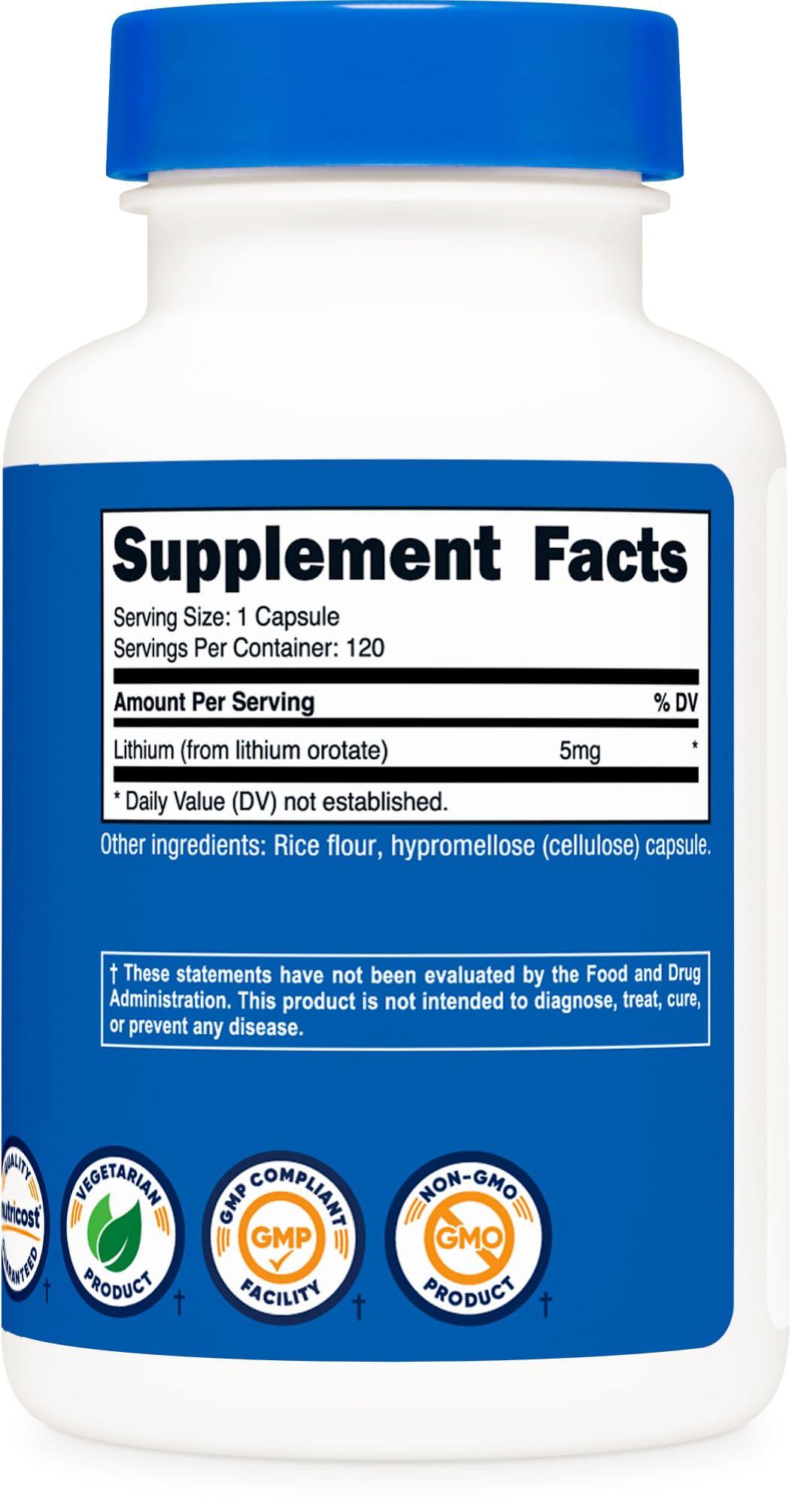 Nutricost Lithium Orotate 5mg – envase sin gluten para mayor tranquilidad