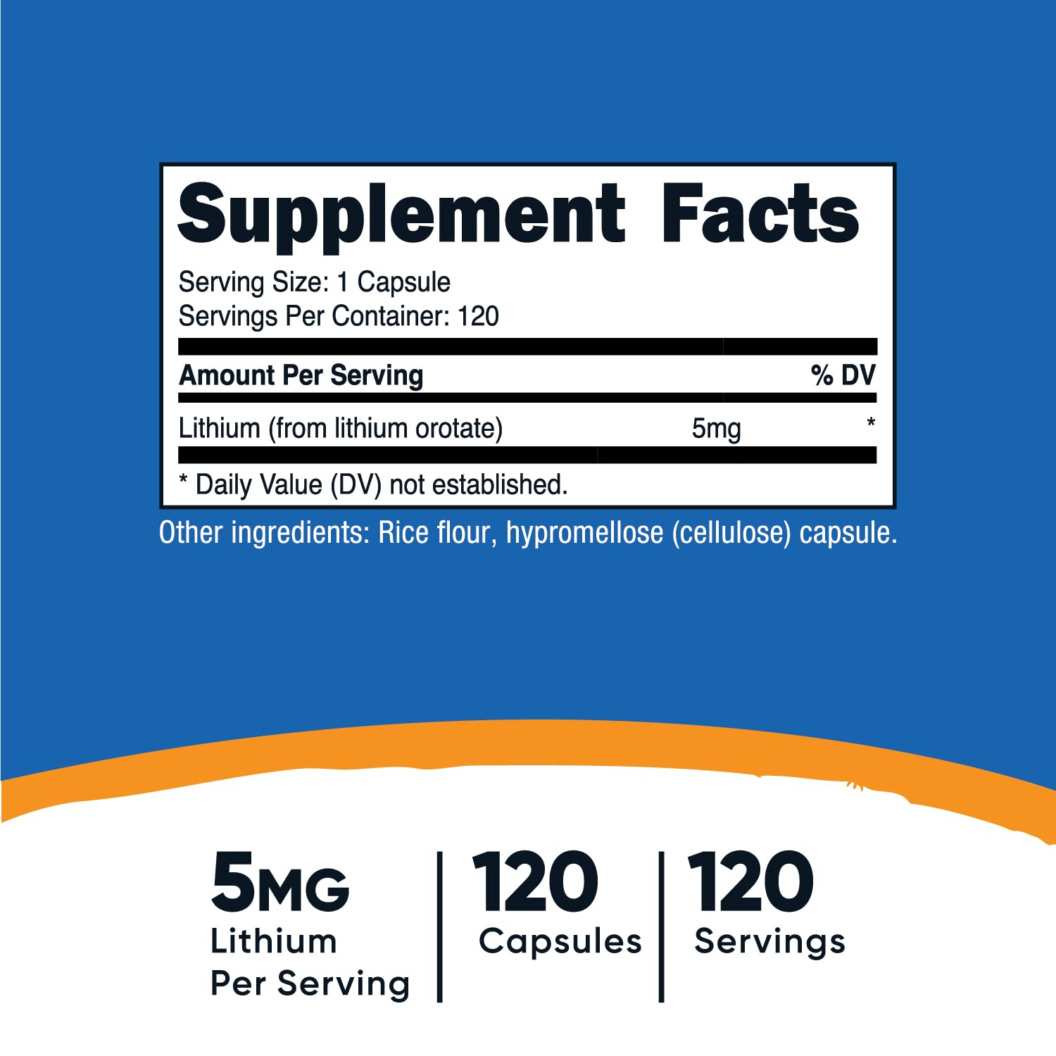 Nutricost Lithium Orotate 5mg – etiqueta clara con información de ingredientes sin OGM