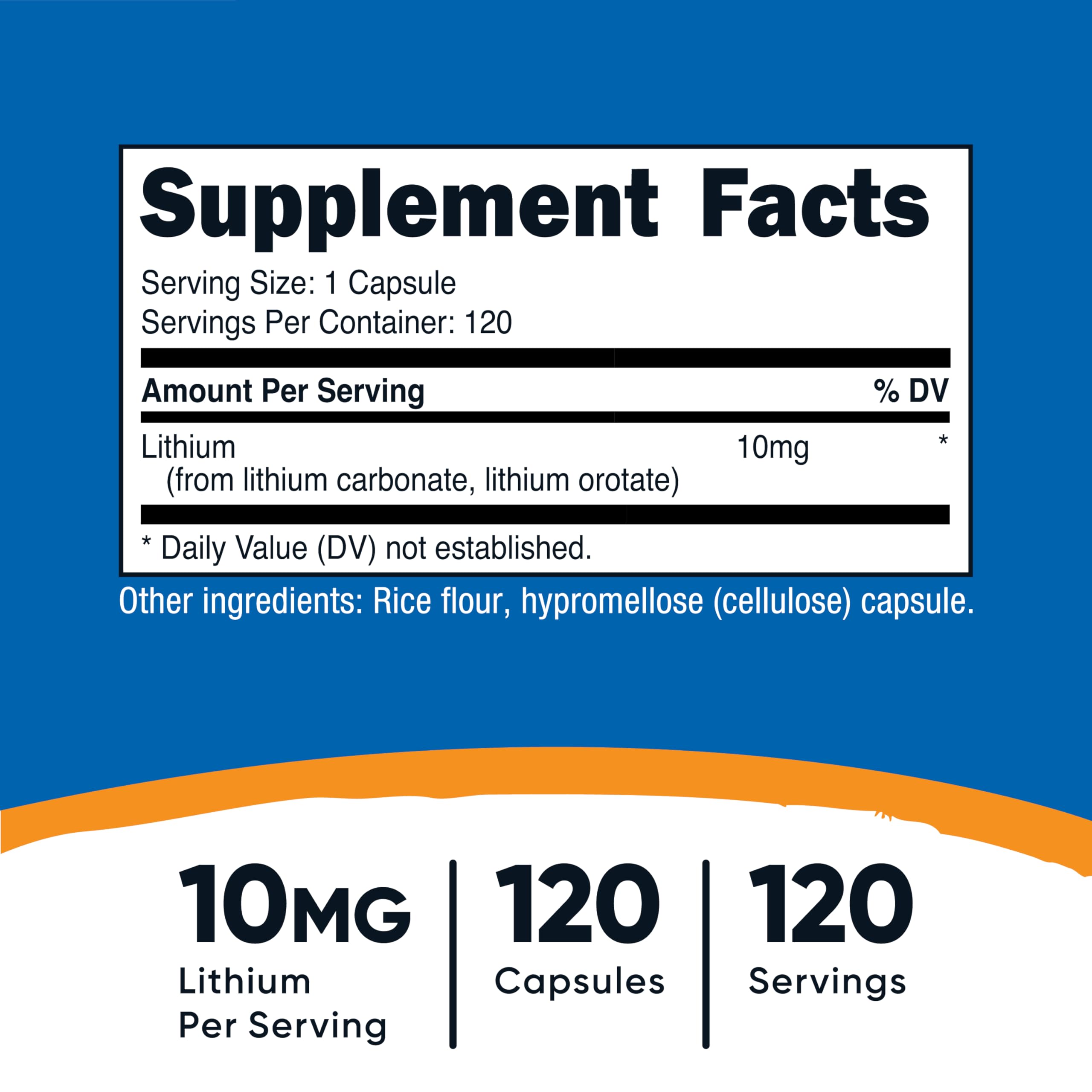 Nutricost litio orotato 10 mg etiqueta y caja destacan el envase para facilitar la compra consciente