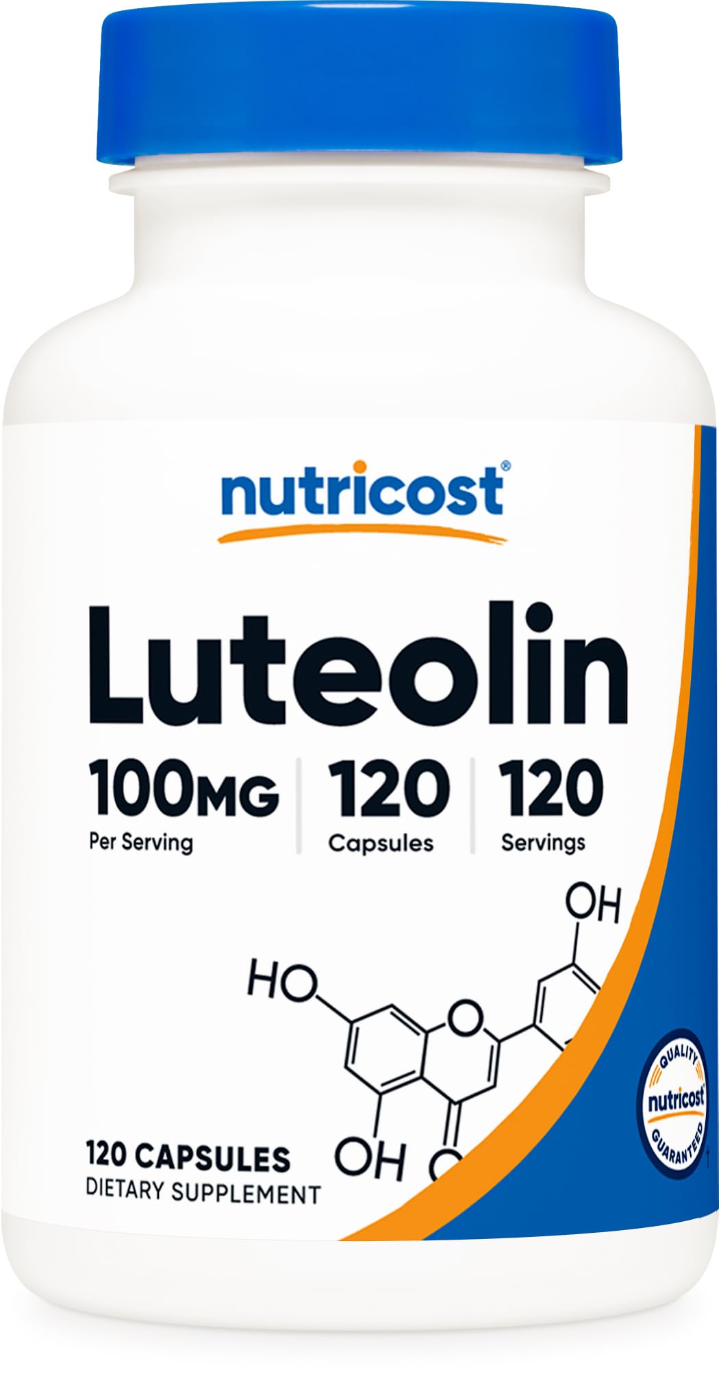Nutricost Luteolina 100 mg cápsulas, frasco visible, complemento diario práctico para estilo de vida activo.