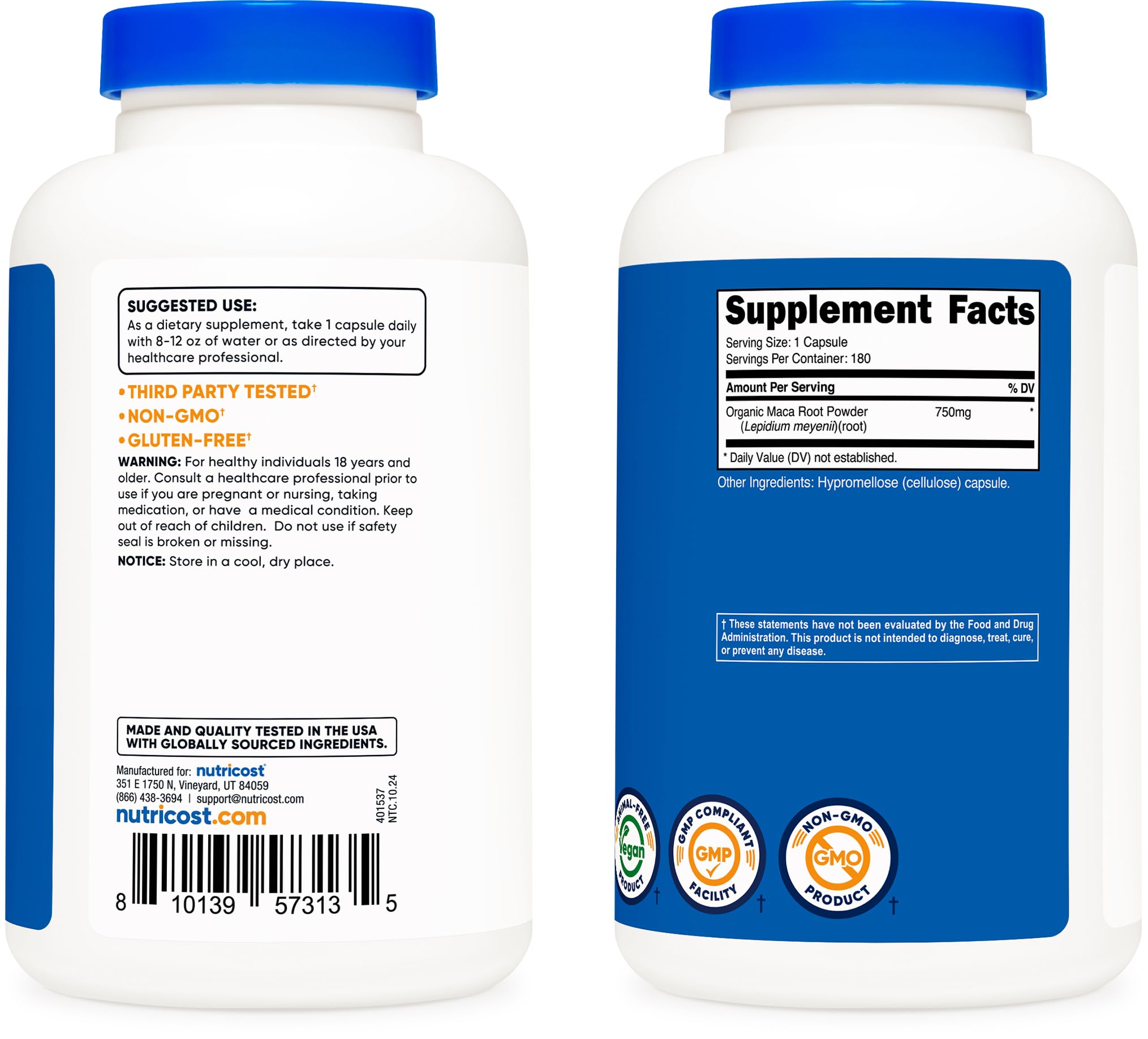 Nutricost Maca: cápsulas en primer plano resaltando 750 mg por porción.