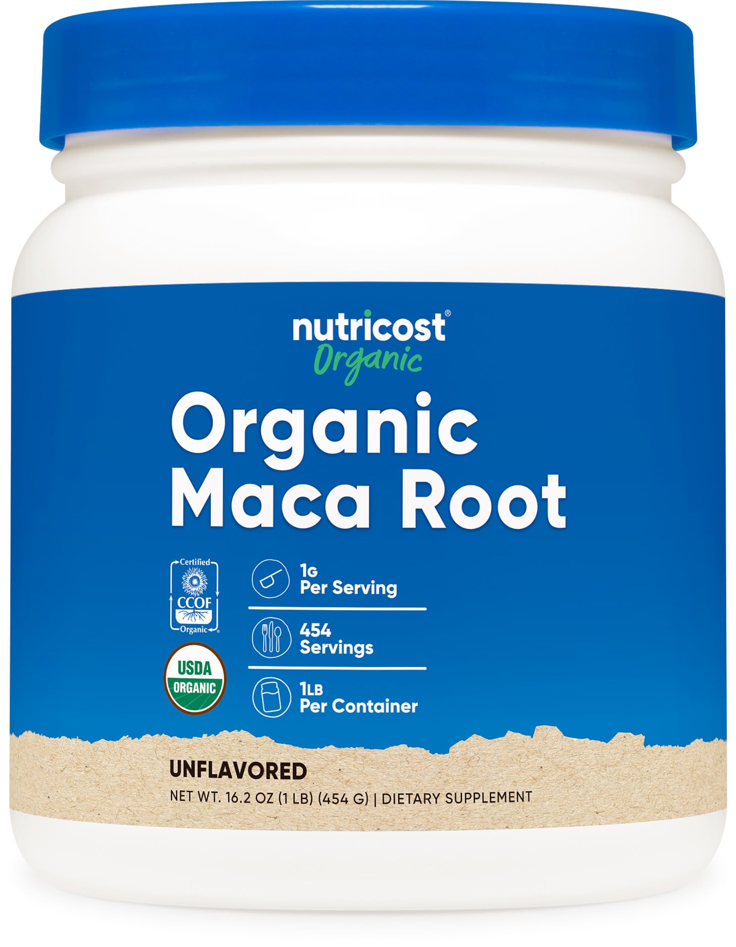 Nutricost Maca Orgánica en Polvo, frasco, fuente natural de energía suave.