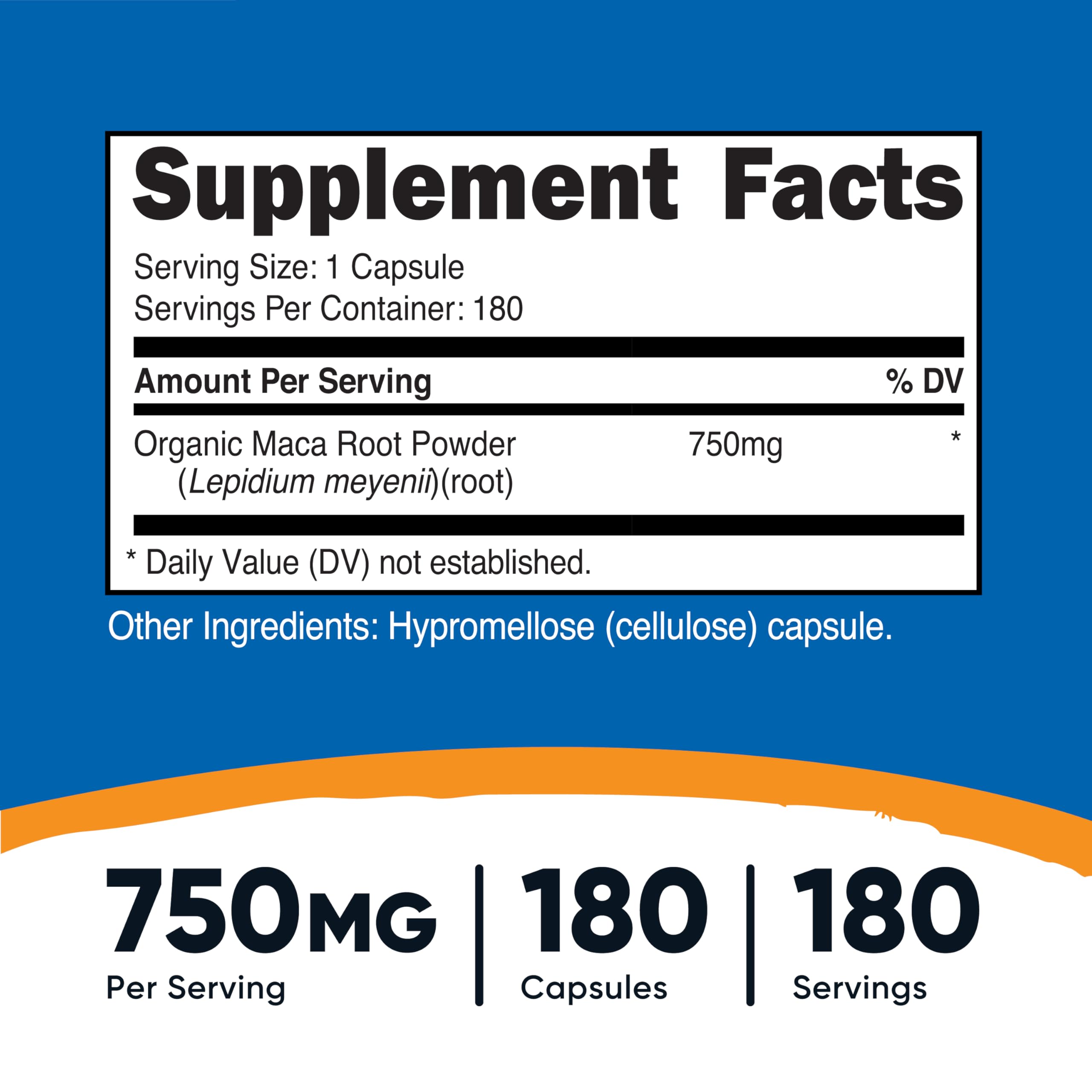 Nutricost Maca: etiqueta del frasco con 180 cápsulas y porciones.