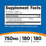 Nutricost Maca: etiqueta del frasco con 180 cápsulas y porciones.