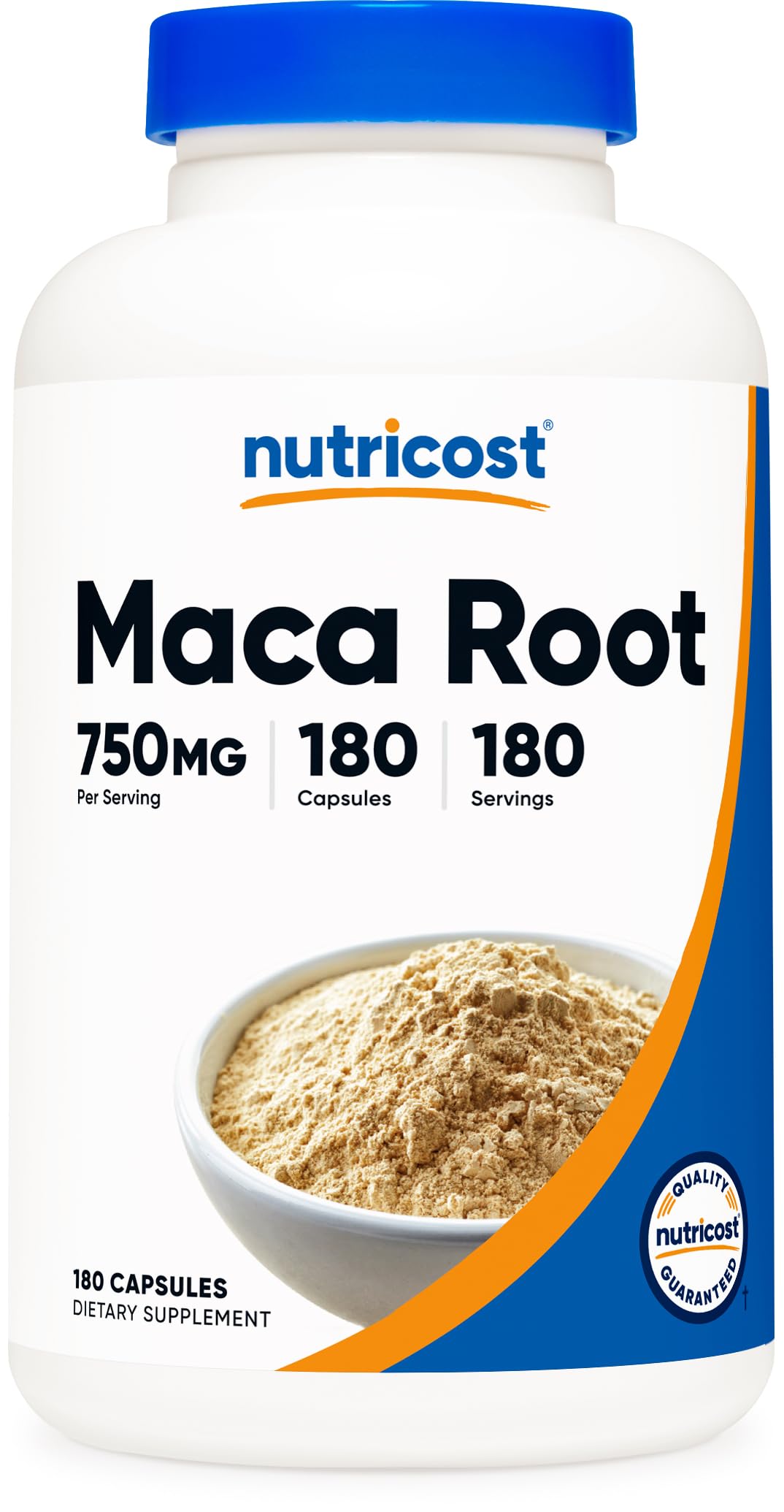 Nutricost Maca: frasco frontal de cápsulas 750 mg para vitalidad diaria.