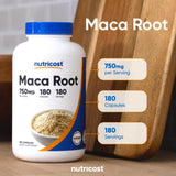 Nutricost Maca: símbolo de sin gluten y vegetariano en el empaque.