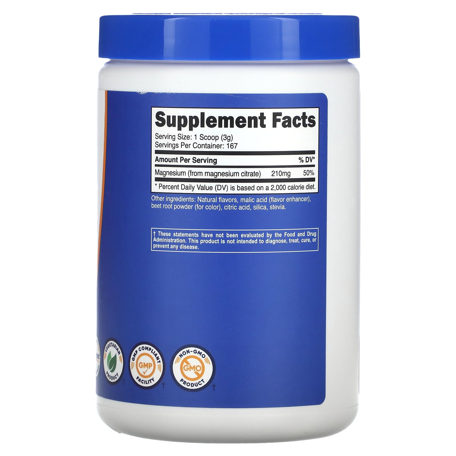 Botella de 250 g Nutricost Magnesio Citrato sabor Fruta Punch con medidor.