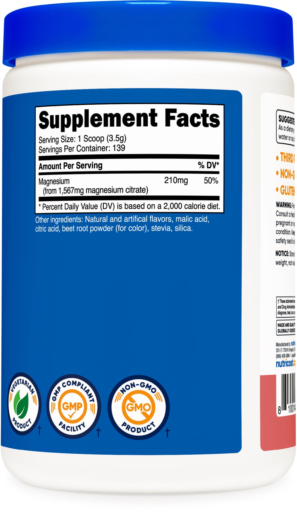 Etiqueta Nutricost Magnesio Citrato en polvo, sin gluten