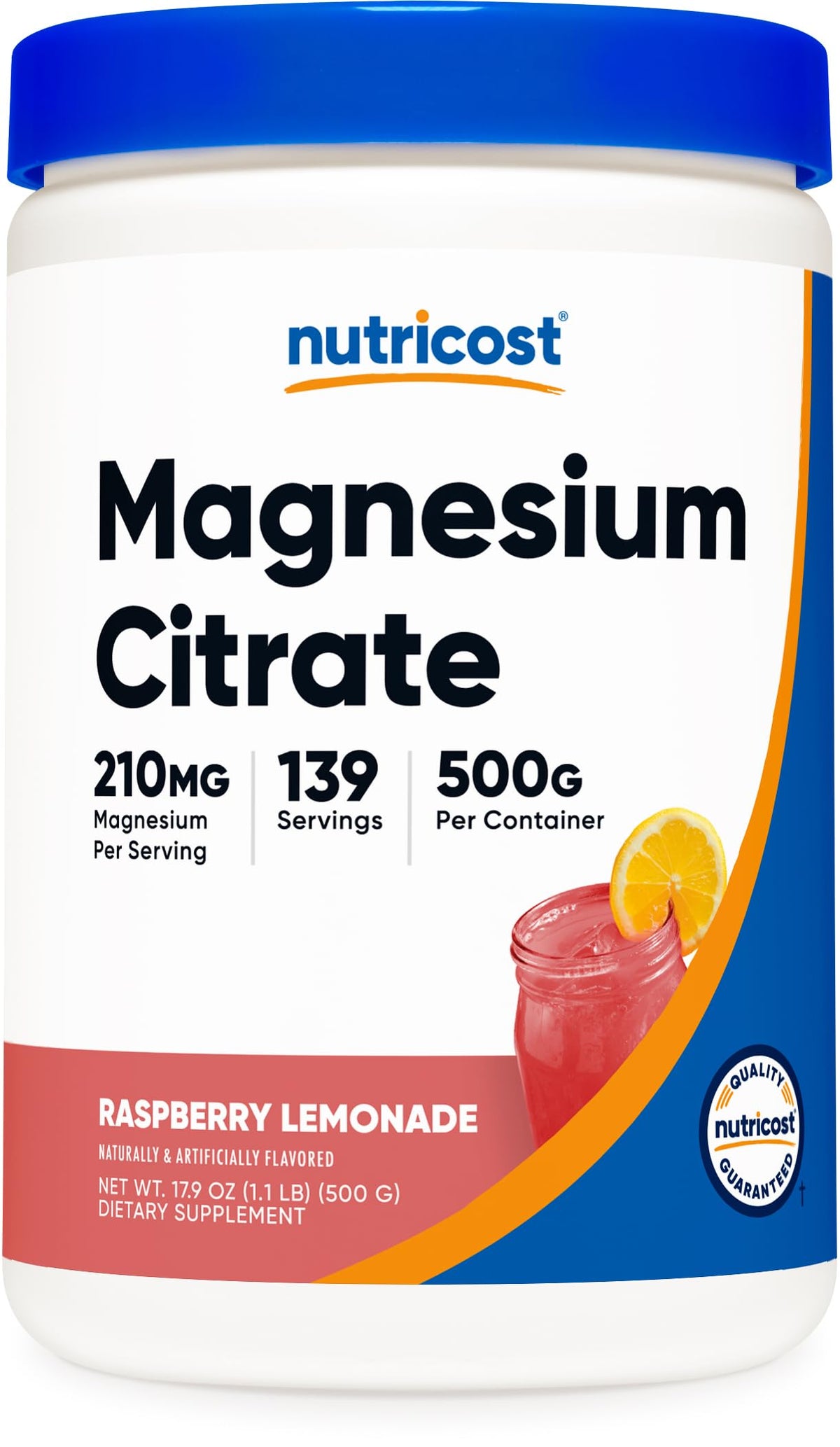 Nutricost Magnesio Citrato en polvo frambuesa-limón, envase 500 g para uso diario