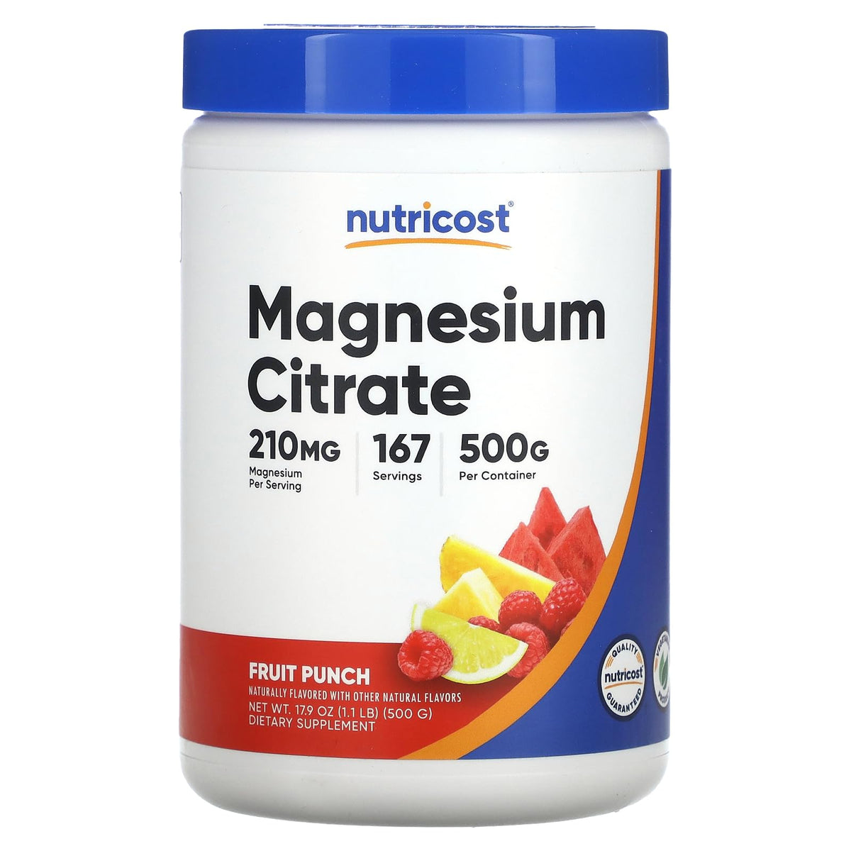 Nutricost Magnesio Citrato en polvo sabor Fruta Punch, mezcla fácil para bebidas.