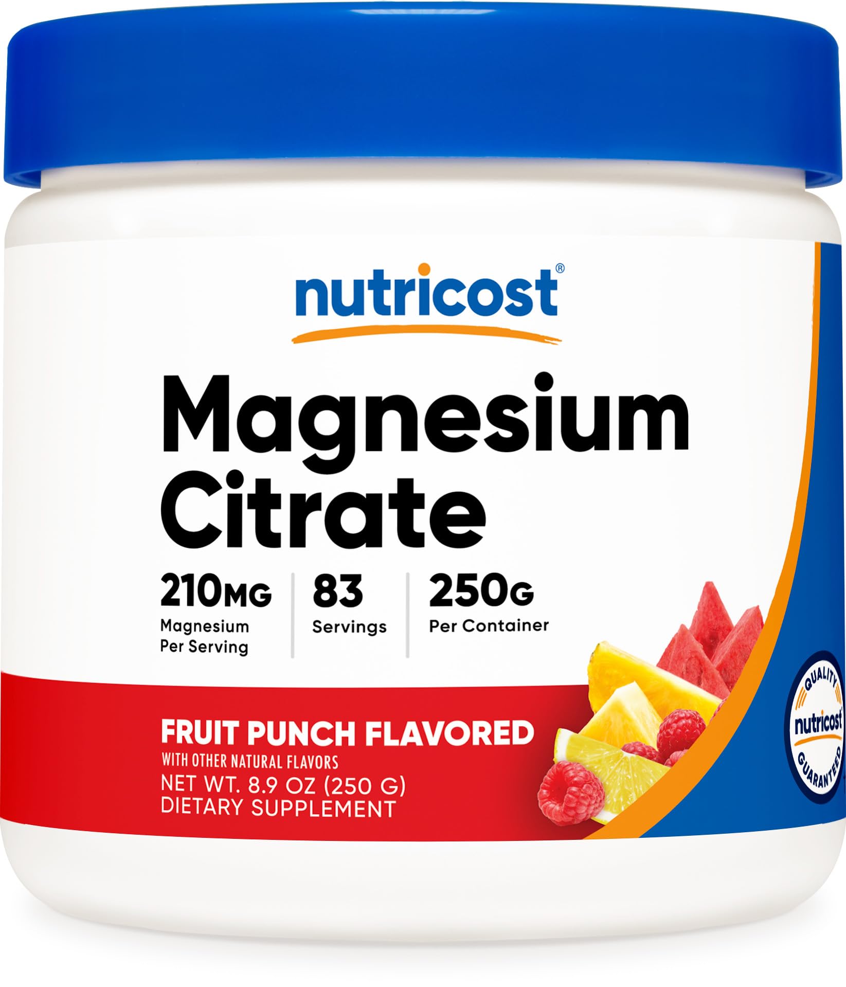 Nutricost Magnesio Citrato en polvo, botella con sabor a fruta, ideal para consumo diario.