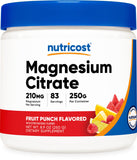 Nutricost Magnesio Citrato en polvo, botella con sabor a fruta, ideal para consumo diario.