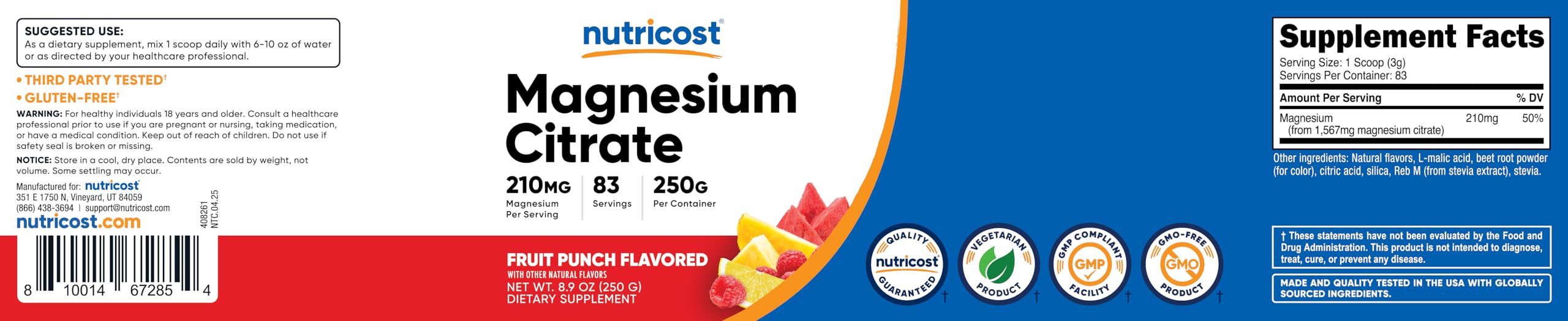Nutricost Magnesio Citrato en polvo, textura fina para disolución rápida.