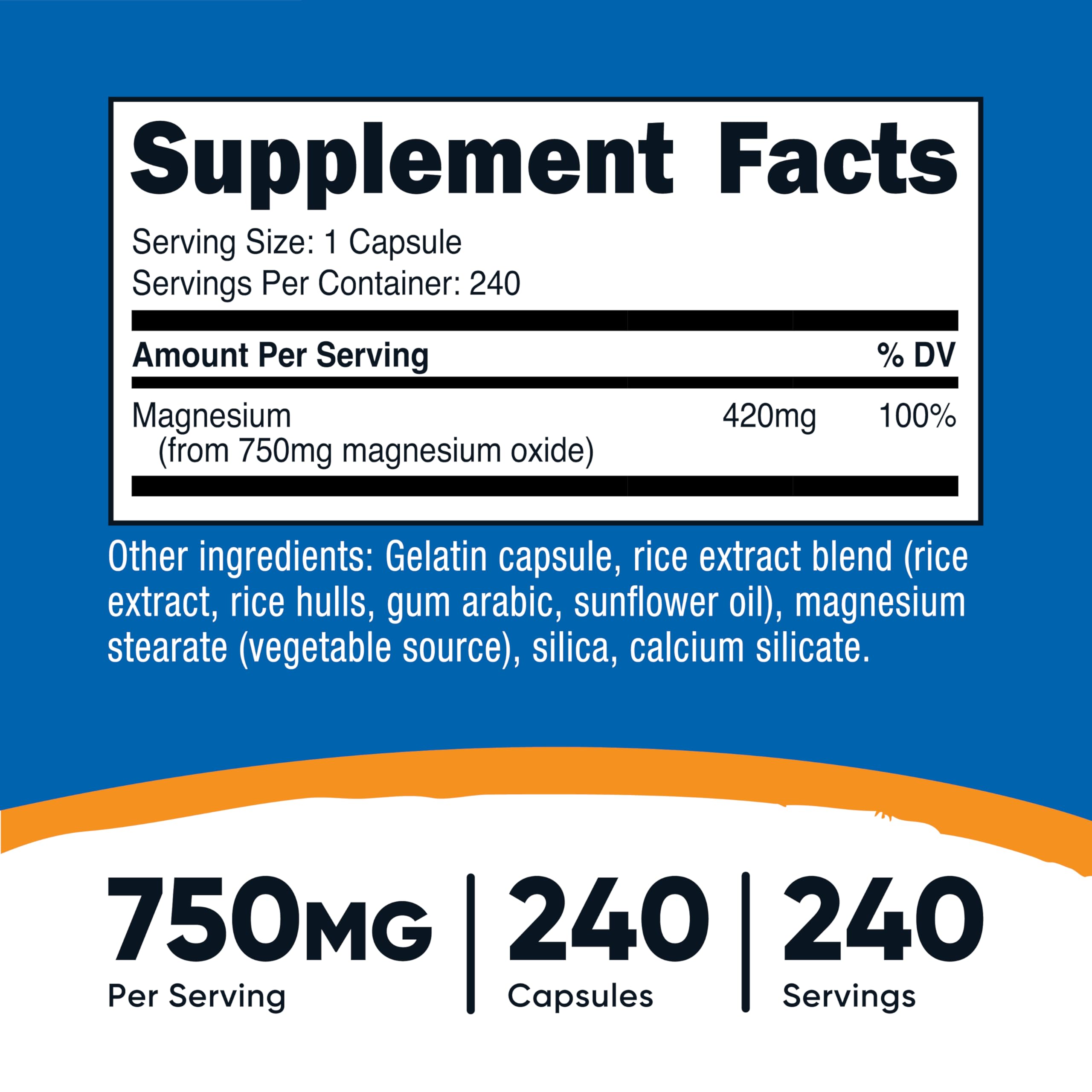Nutricost Magnesio Oxido 750mg botella con cápsulas para uso diario en casa