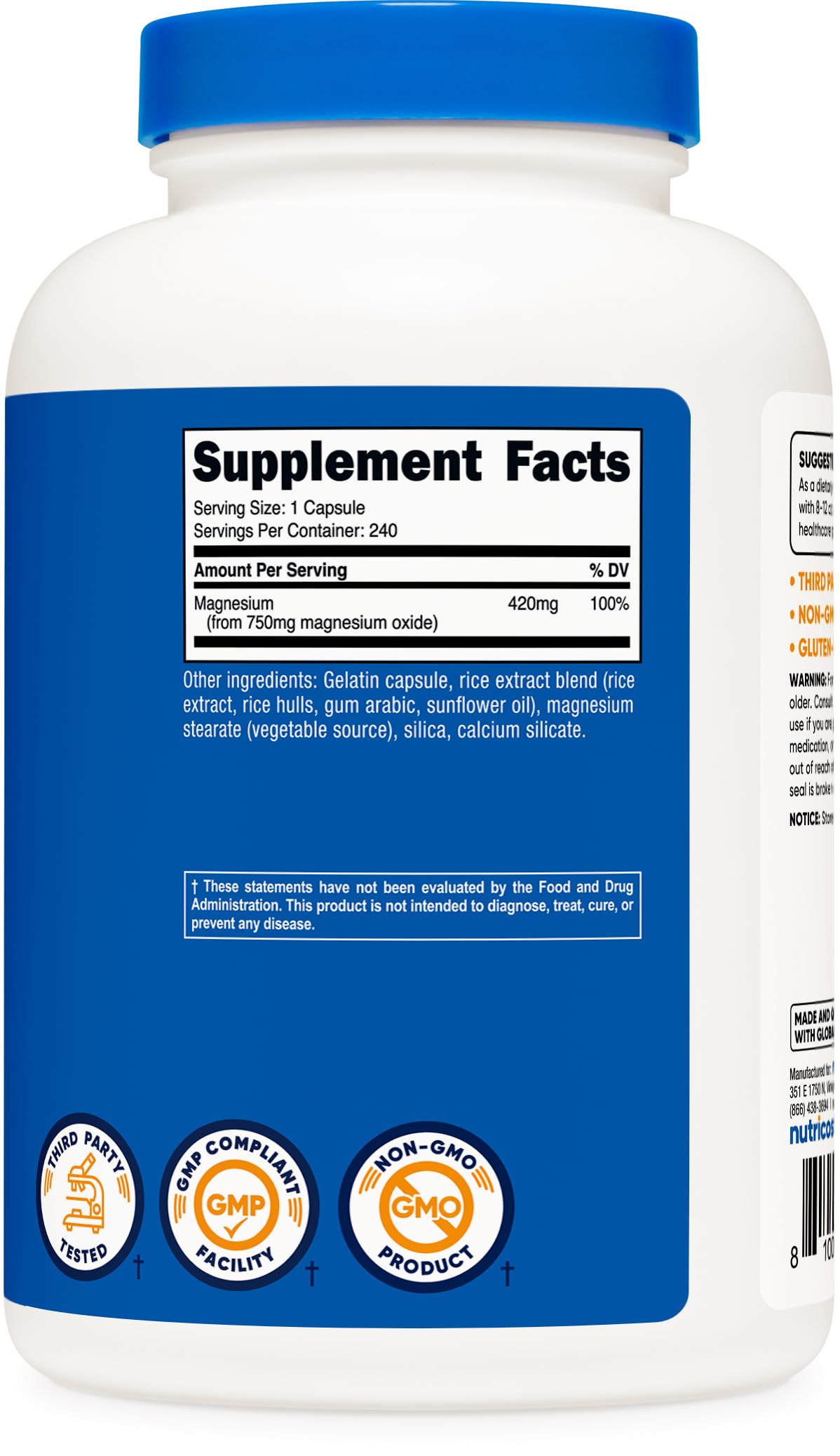 Caja de Nutricost Magnesio Oxido 750mg con detalles de ingredientes y certificaciones