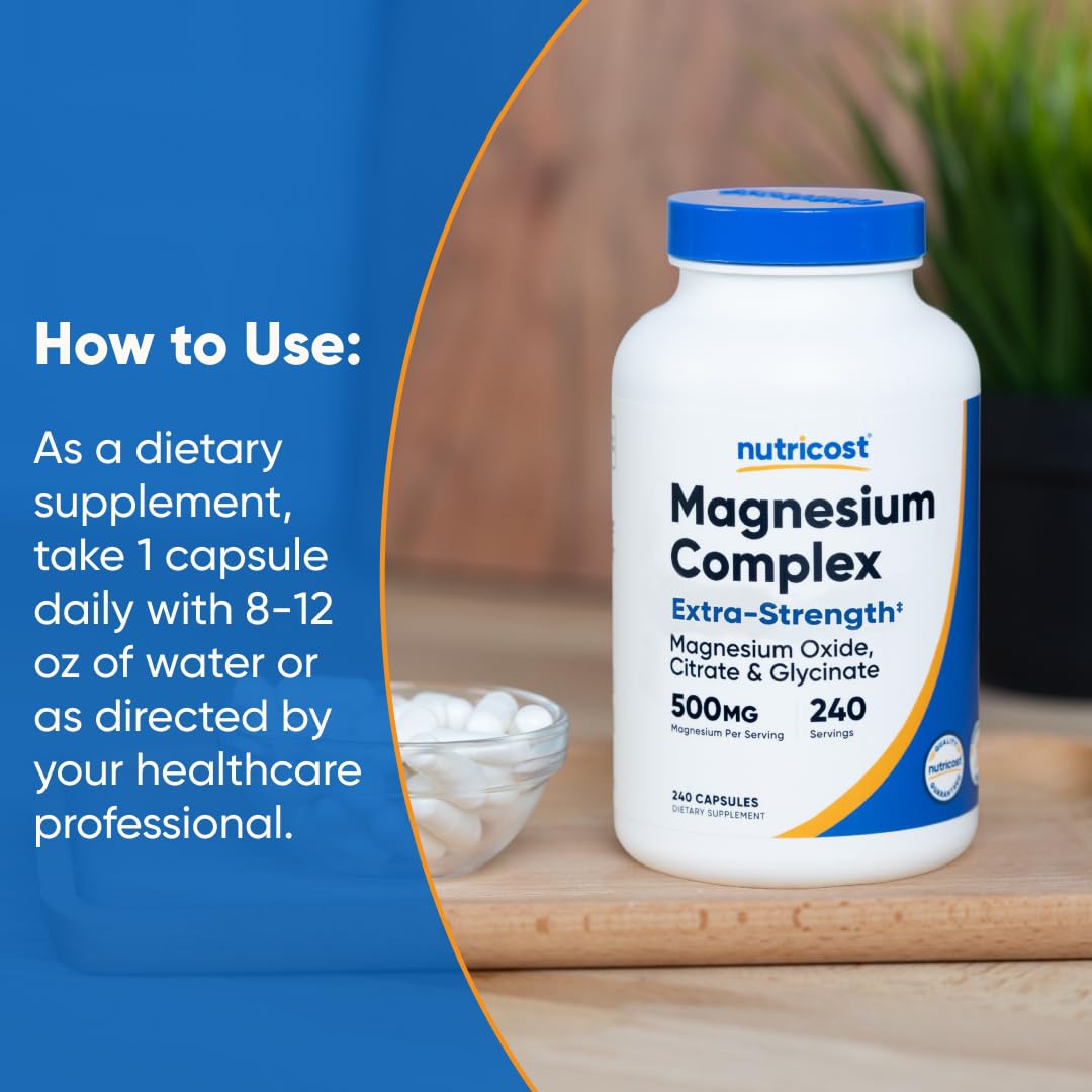 Nutricost Magnesium Complex 500mg: cápsulas en primer plano para ver textura.