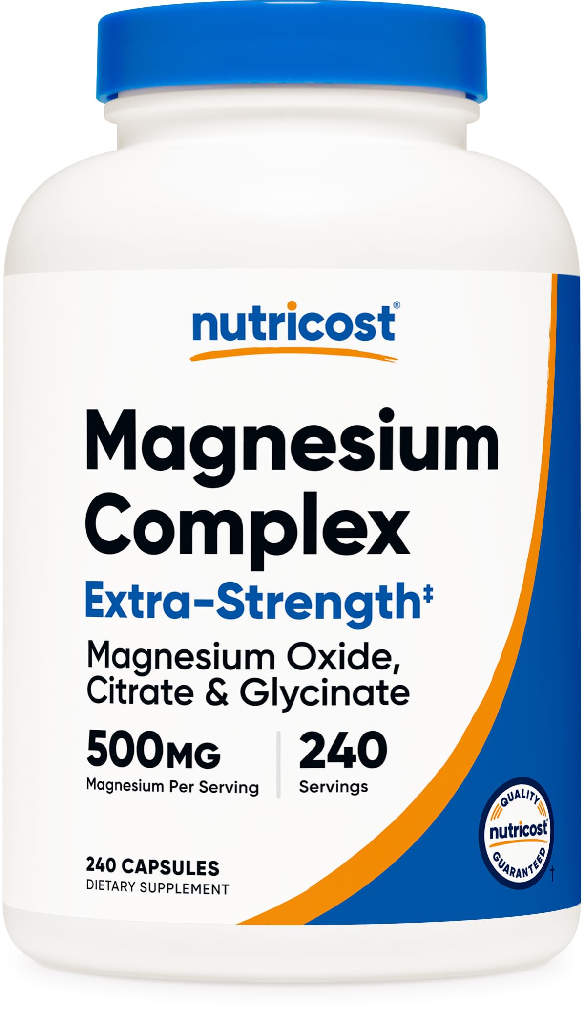 Nutricost Magnesium Complex 500mg: cápsulas en bote, posible apoyo a la ingesta diaria.
