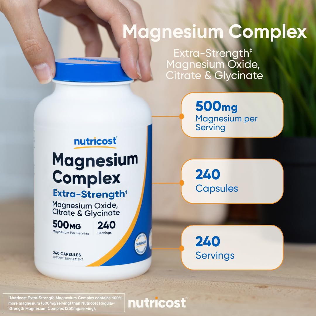 Nutricost Magnesium Complex 500mg: embalaje y logos de certificación para confianza.