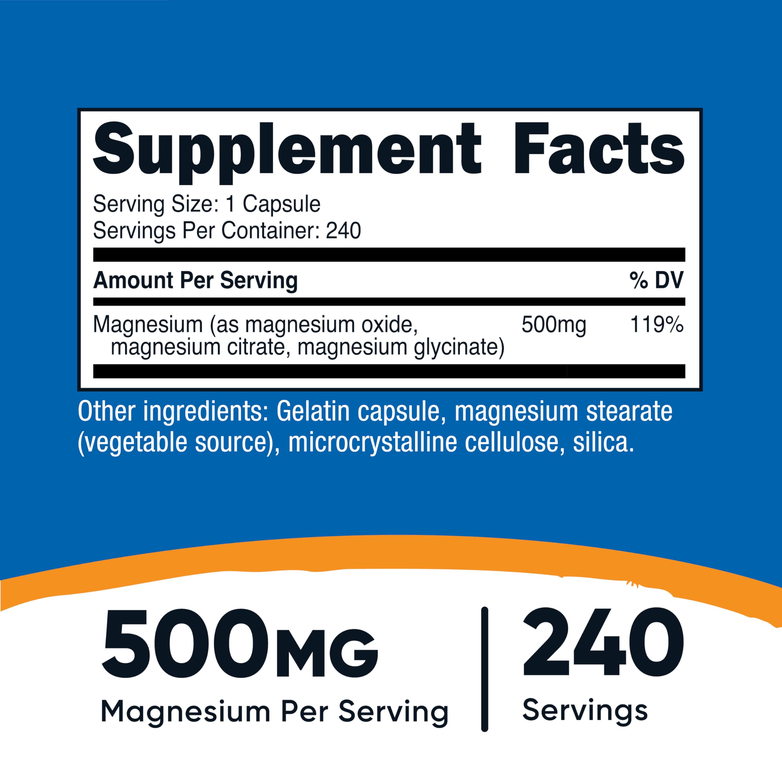 Nutricost Magnesium Complex 500mg: etiqueta frontal que destaca ingredientes y uso diario.