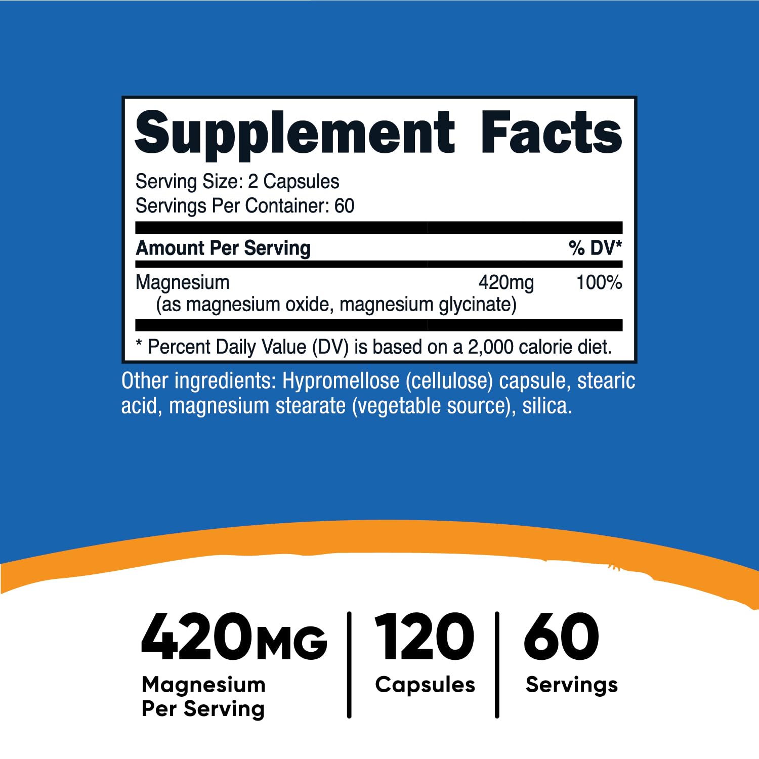 Nutricost Magnesium+ Extra Strength, etiqueta detallada; indica 420 mg por porción.