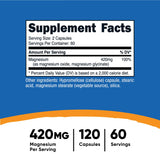 Nutricost Magnesium+ Extra Strength, etiqueta detallada; indica 420 mg por porción.
