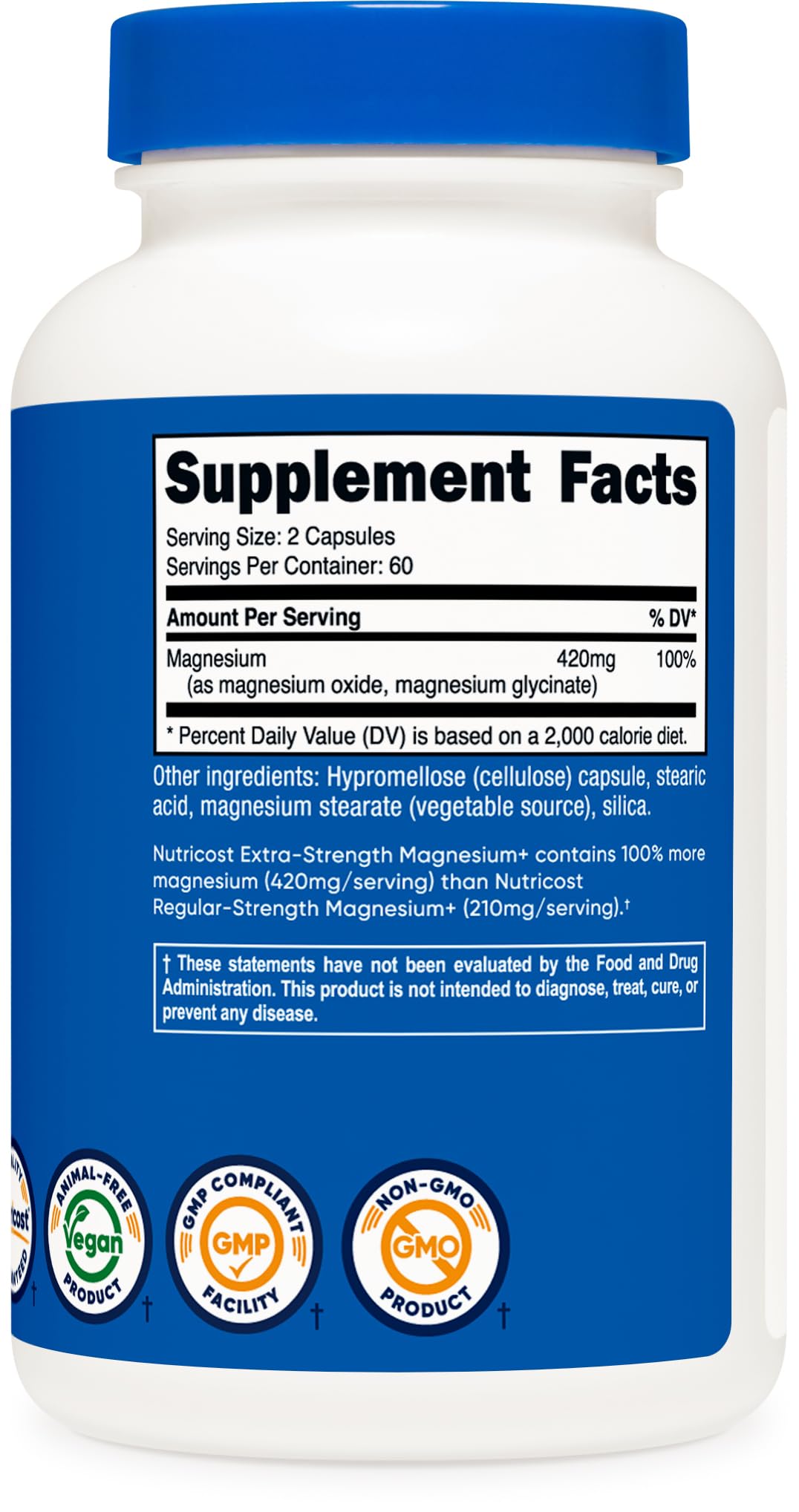 Nutricost Magnesium+ Extra Strength, infografía de nutrientes; destaca 420 mg por porción.