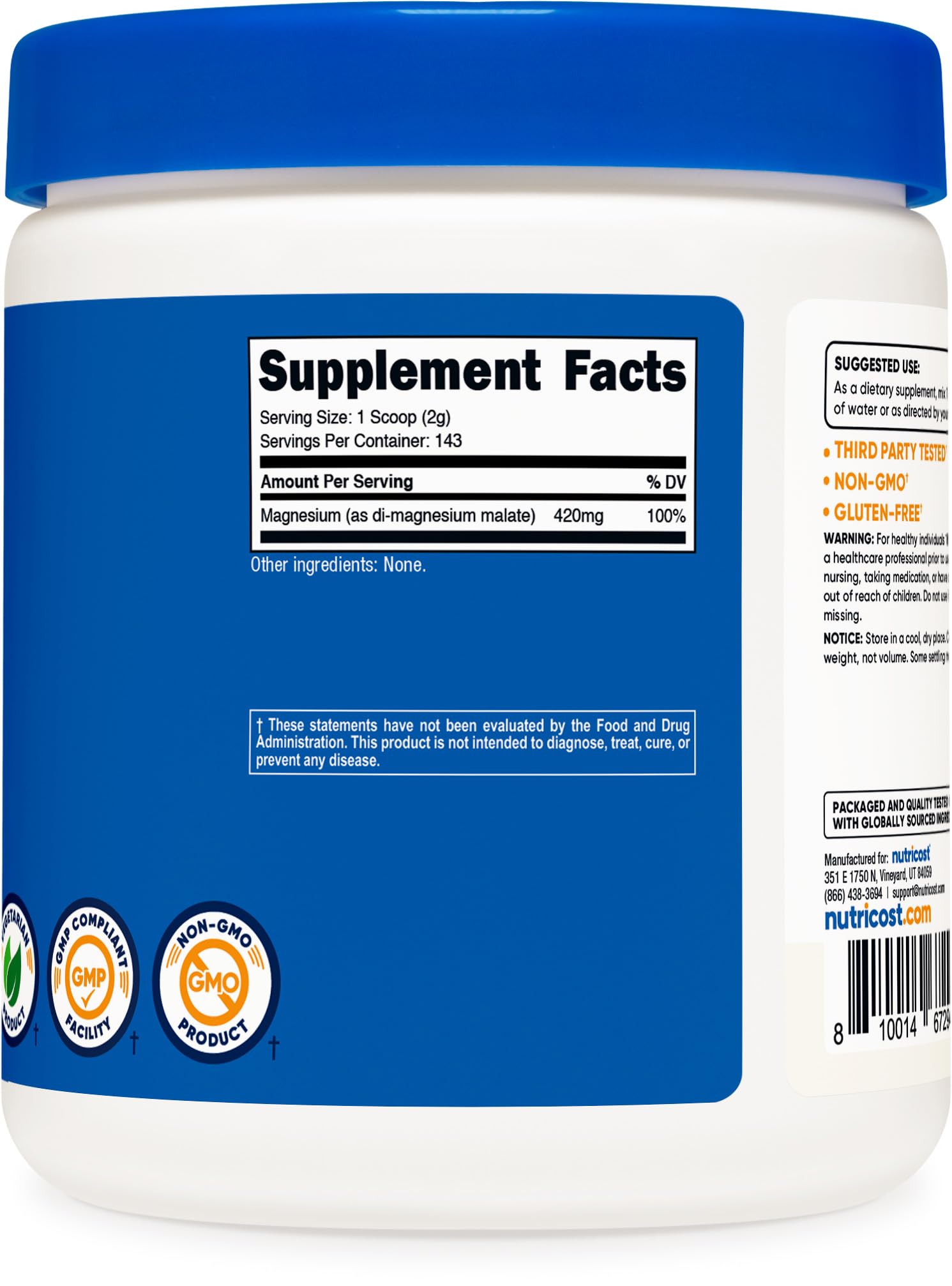 Nutricost Magnesium Malate Powder presentación de 300 g para mayor comodidad.