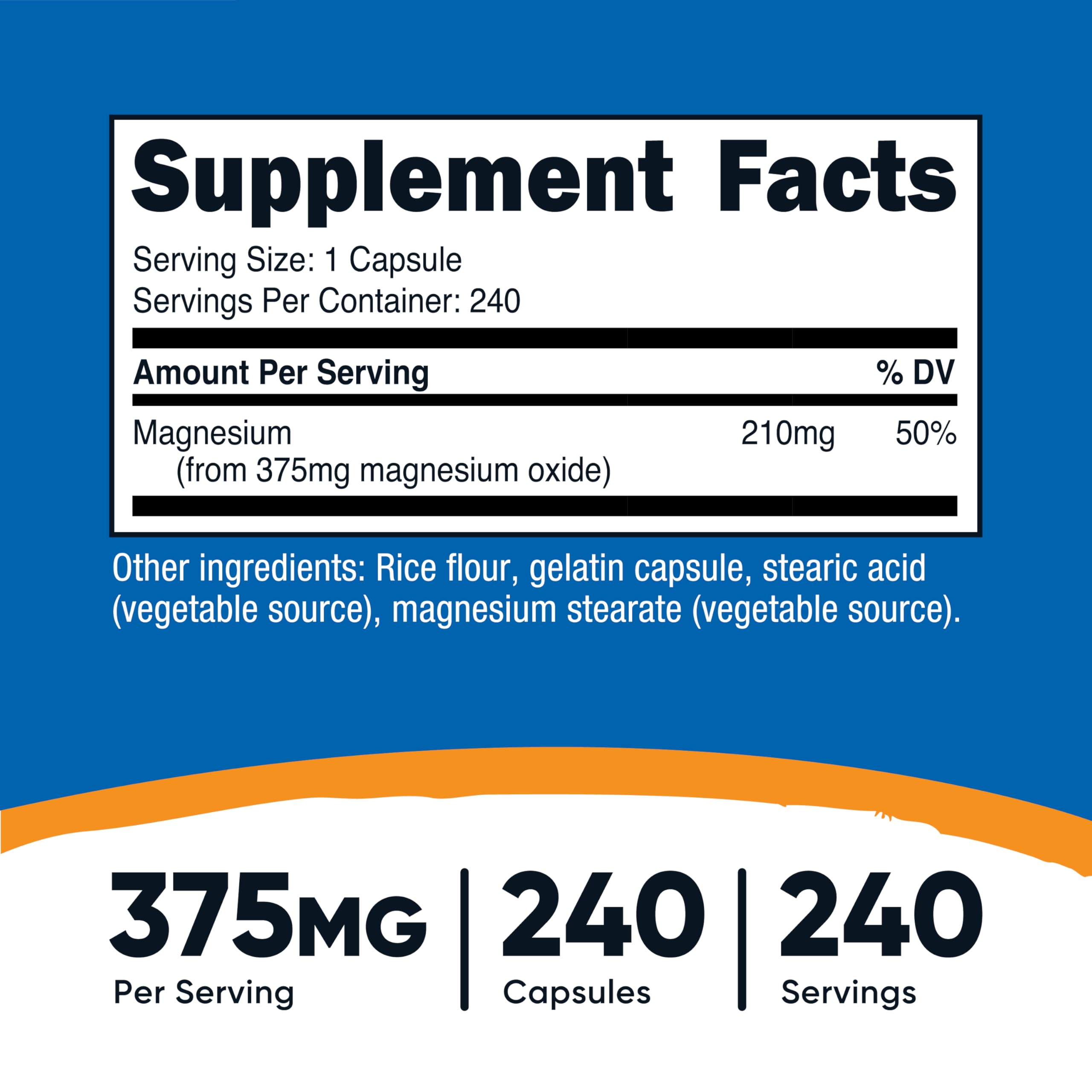 Nutricost Magnesium Oxide 375mg, cápsulas en botella, fácil consumo diario.