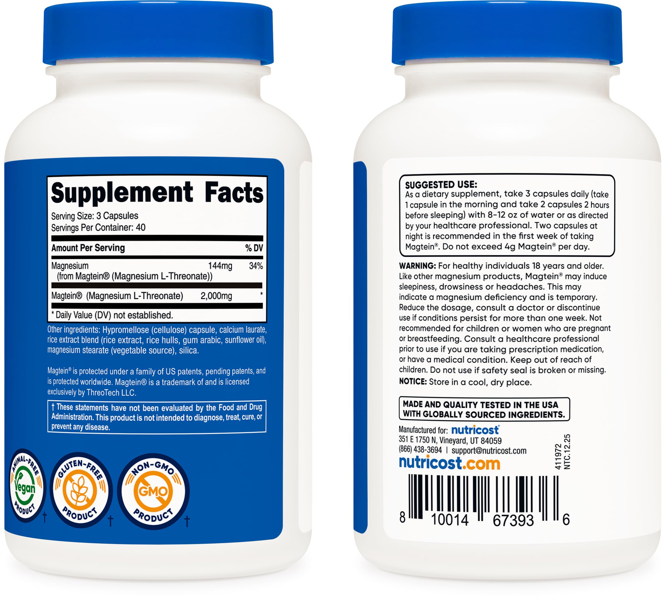 Empaque cerrado de Nutricost Magtein para mantener la frescura.