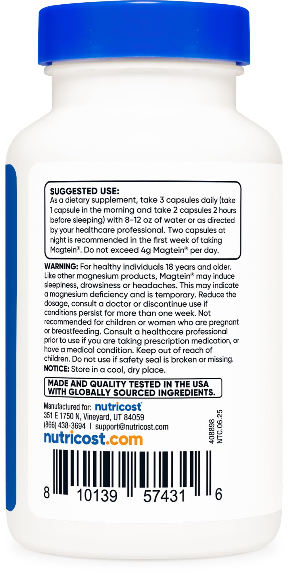 Nutricost Magtein envase visto de frente con sello GMP