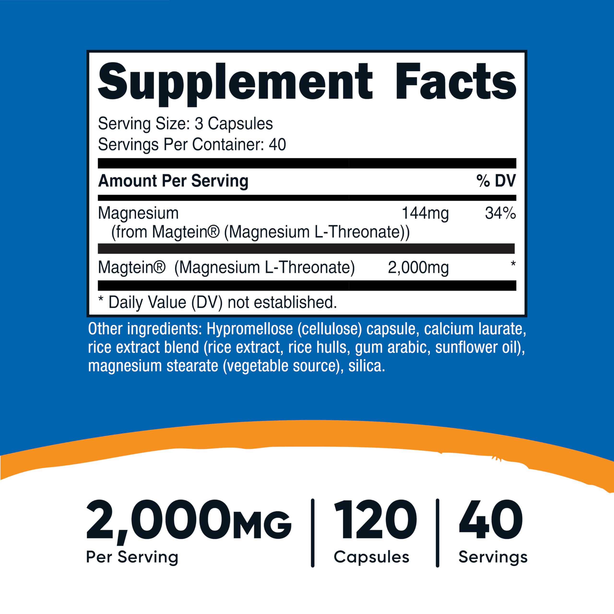 Etiqueta clara de Nutricost Magtein con información del producto.