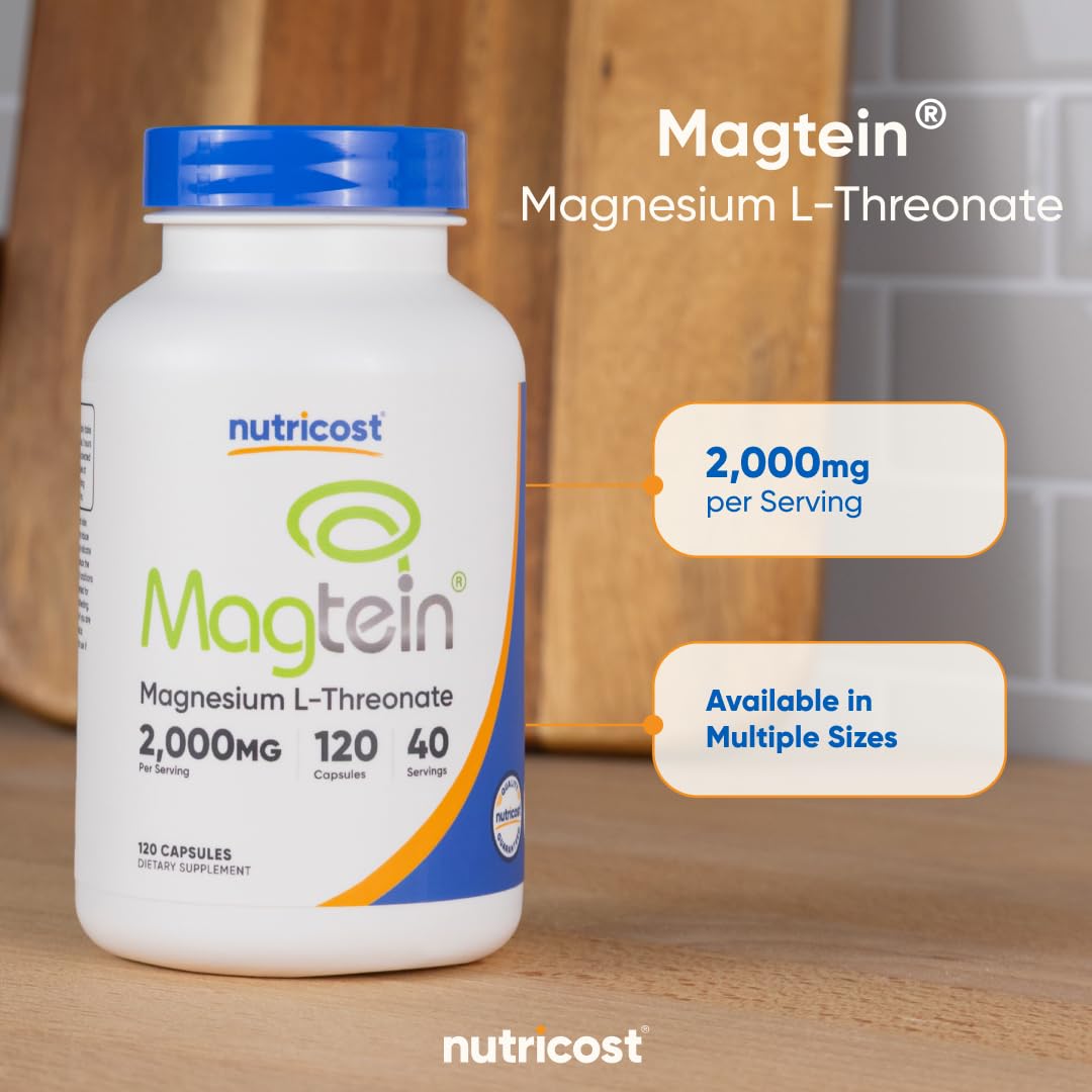 Frente de la botella Nutricost Magtein para reconocimiento rápido.