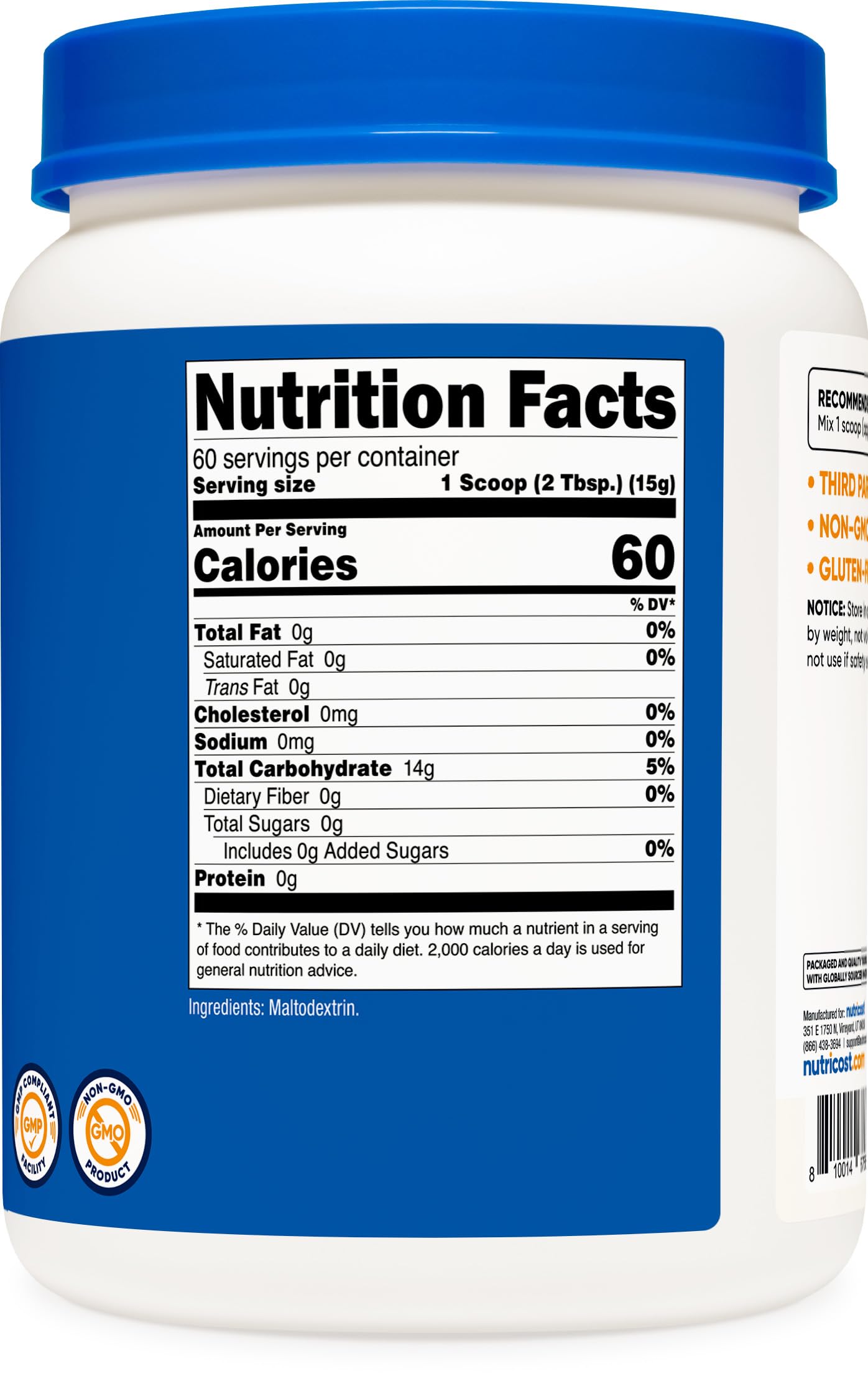 Nutricost Maltodextrin: digestión fácil con sabor neutro para tus mezclas.