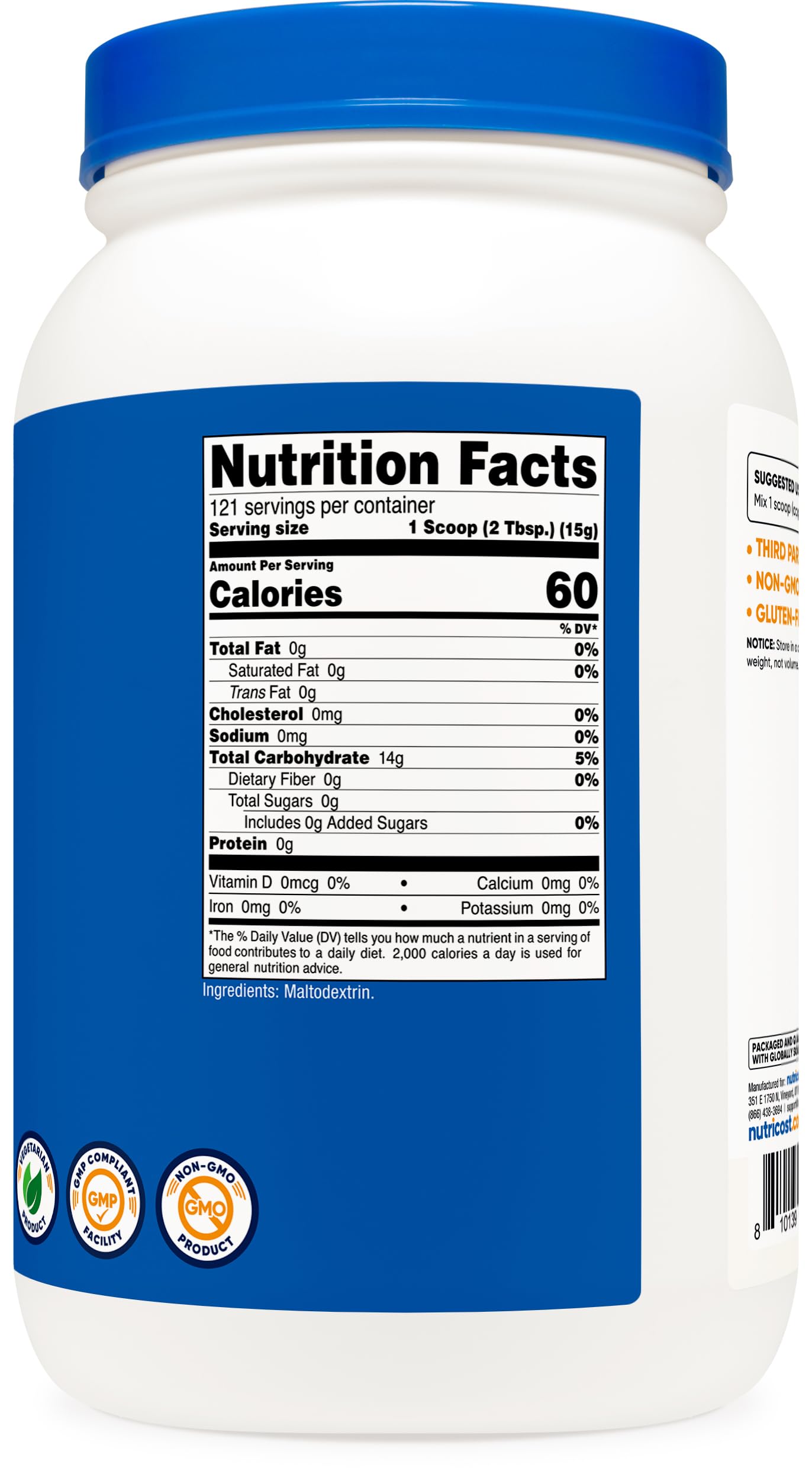 Nutricost Maltodextrin en polvo, envase de 4 libras práctico para porciones.