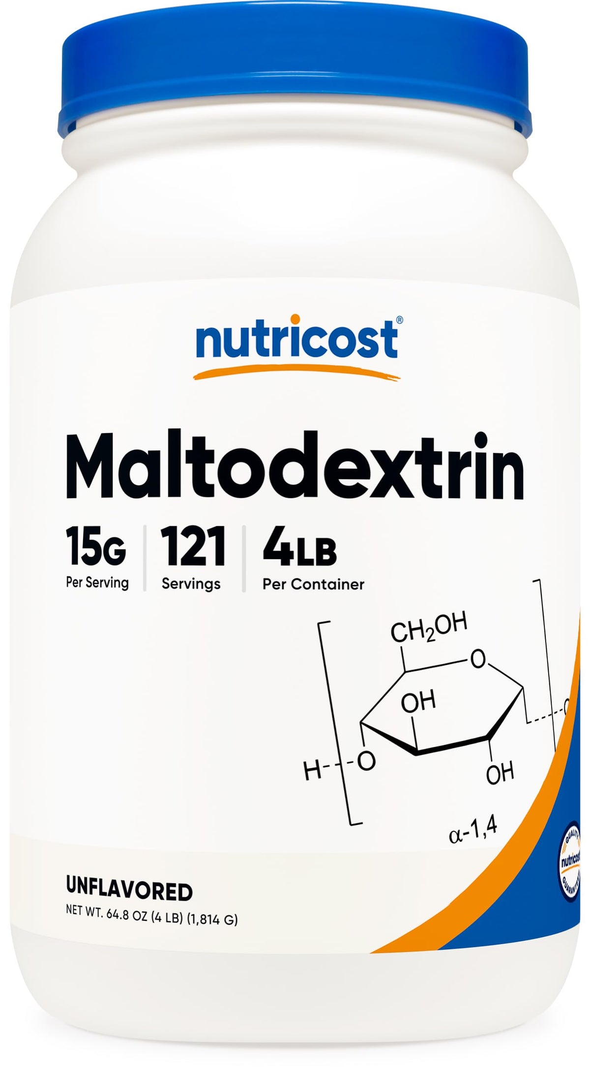 Nutricost Maltodextrin en polvo frente al empaque; fuente de energía rápida para entrenos.